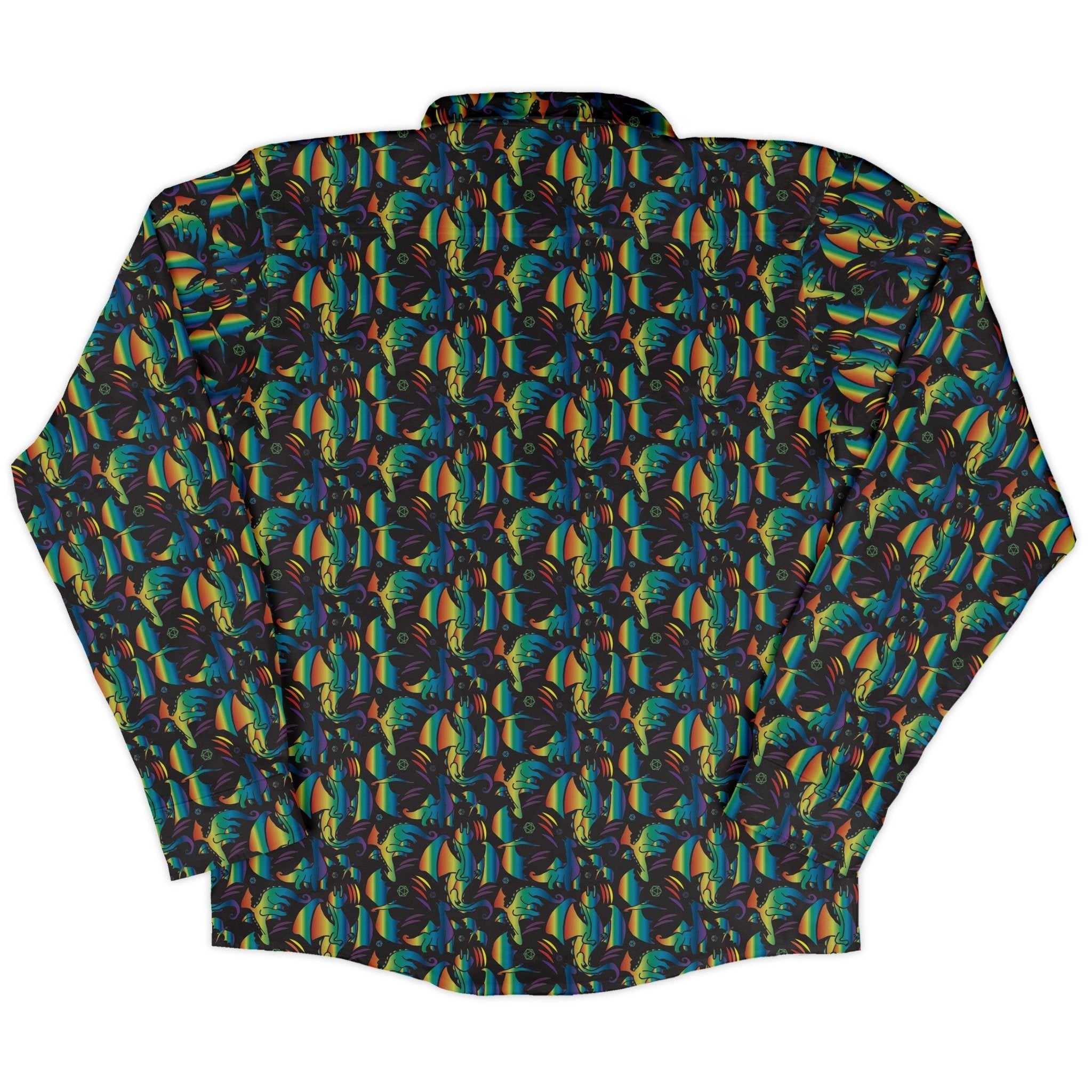 Rainbow Dragons Dnd Dice Black Long Sleeve Button Up Shirt Geek Nerd adult sizing Animal Patterns Design by Heather Davenport