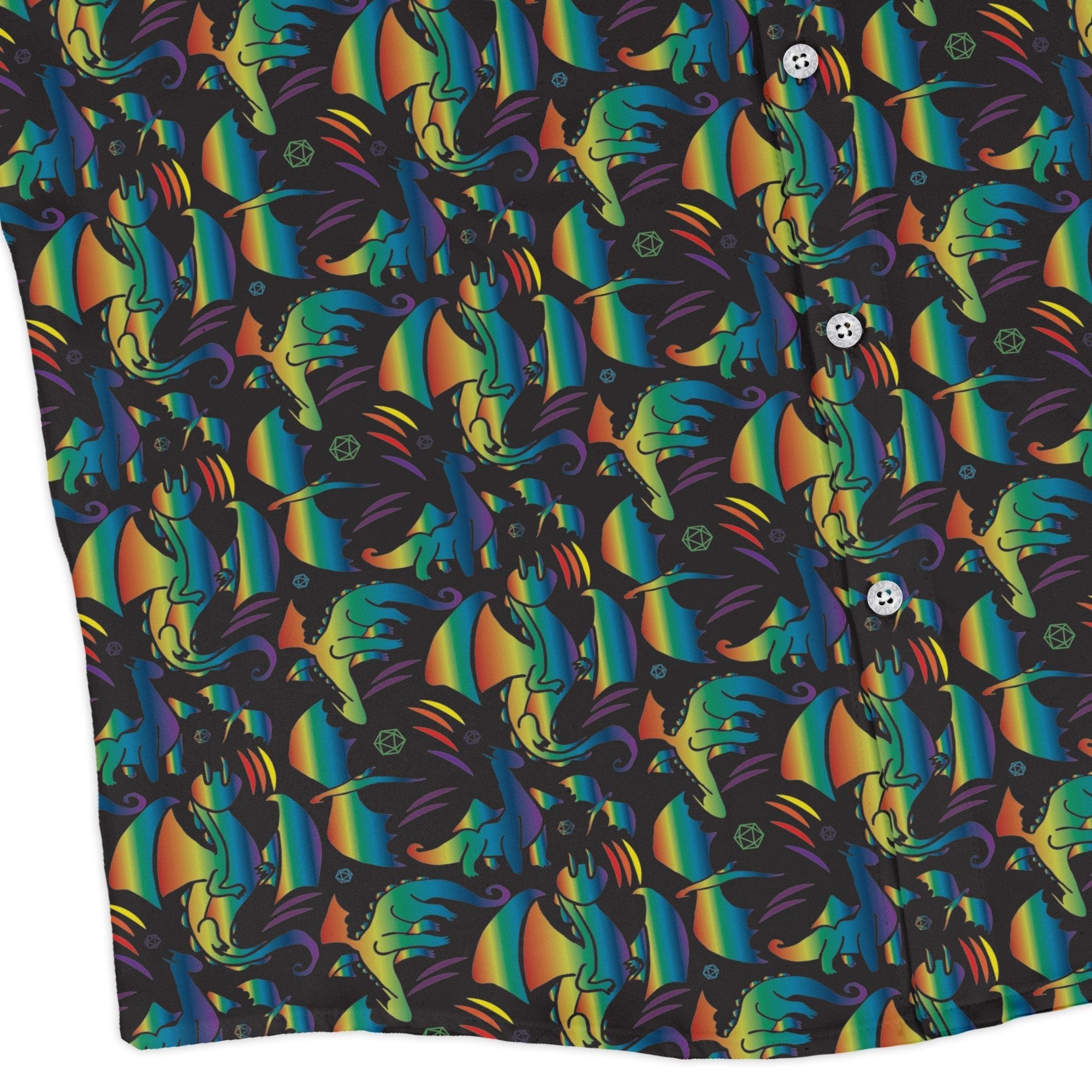 Rainbow Dragons Dnd Dice Black Long Sleeve Button Up Shirt Geek Nerd adult sizing Animal Patterns Design by Heather Davenport