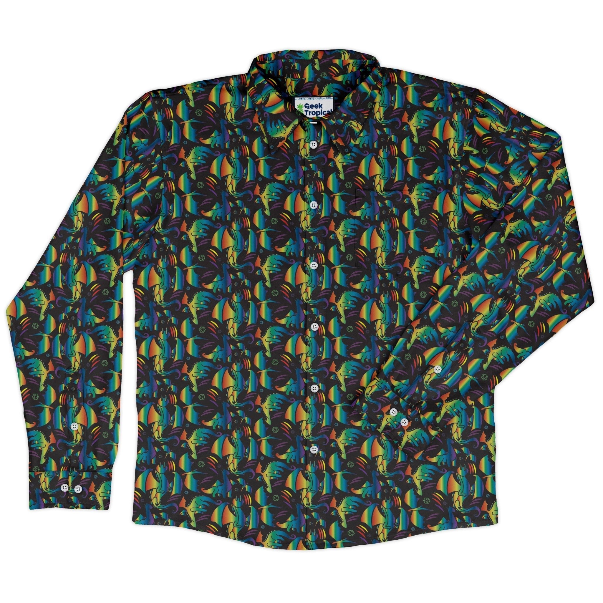 Rainbow Dragons Dnd Dice Black Long Sleeve Button Up Shirt Geek Nerd adult sizing Animal Patterns Design by Heather Davenport
