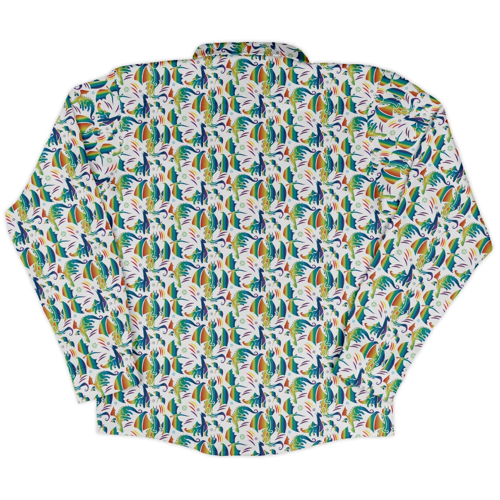 Rainbow Dragons Dnd Dice White Long Sleeve Button Up Shirt Geek Nerd adult sizing Animal Patterns Design by Heather Davenport