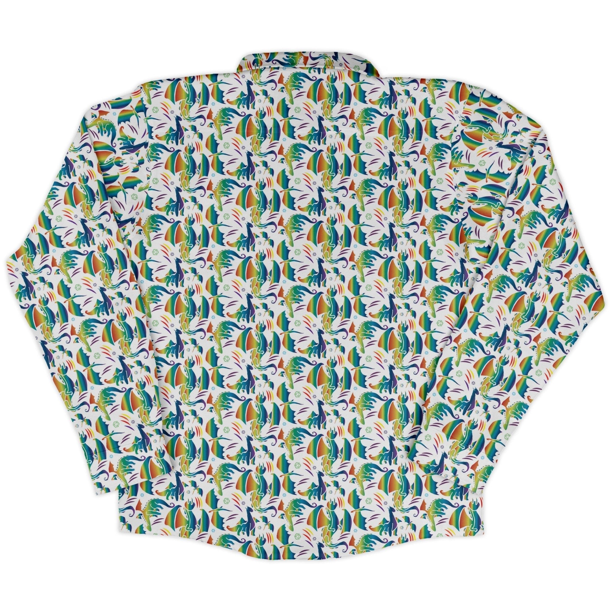Rainbow Dragons Dnd Dice White Long Sleeve Button Up Shirt Geek Nerd adult sizing Animal Patterns Design by Heather Davenport