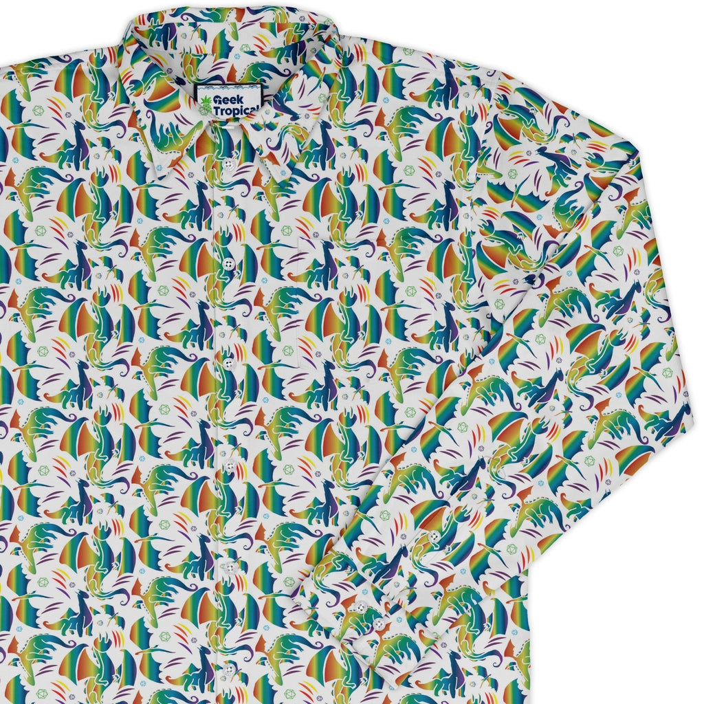 Rainbow Dragons Dnd Dice White Long Sleeve Button Up Shirt Geek Nerd adult sizing Animal Patterns Design by Heather Davenport