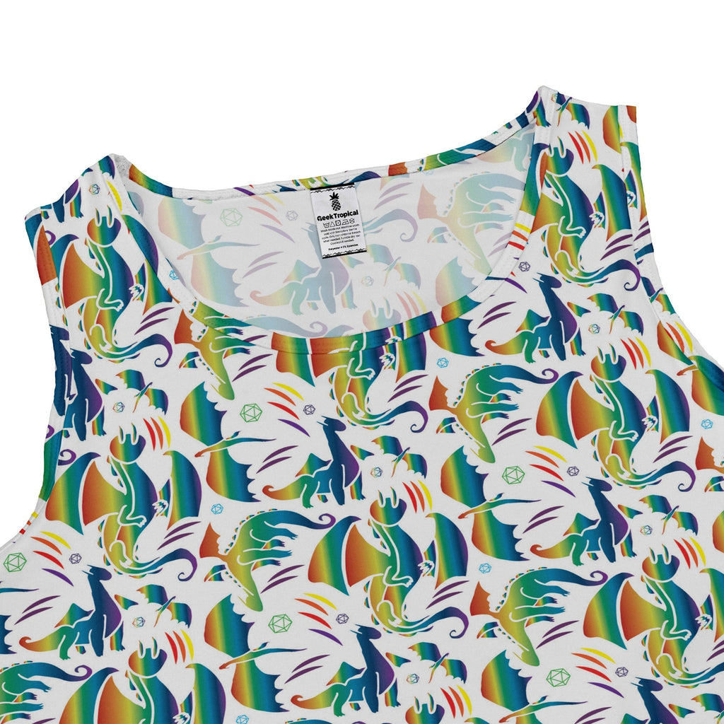 Rainbow Dragons Dnd Dice White Dress Geek Nerd Animal Patterns Design by Heather Davenport dnd & rpg print