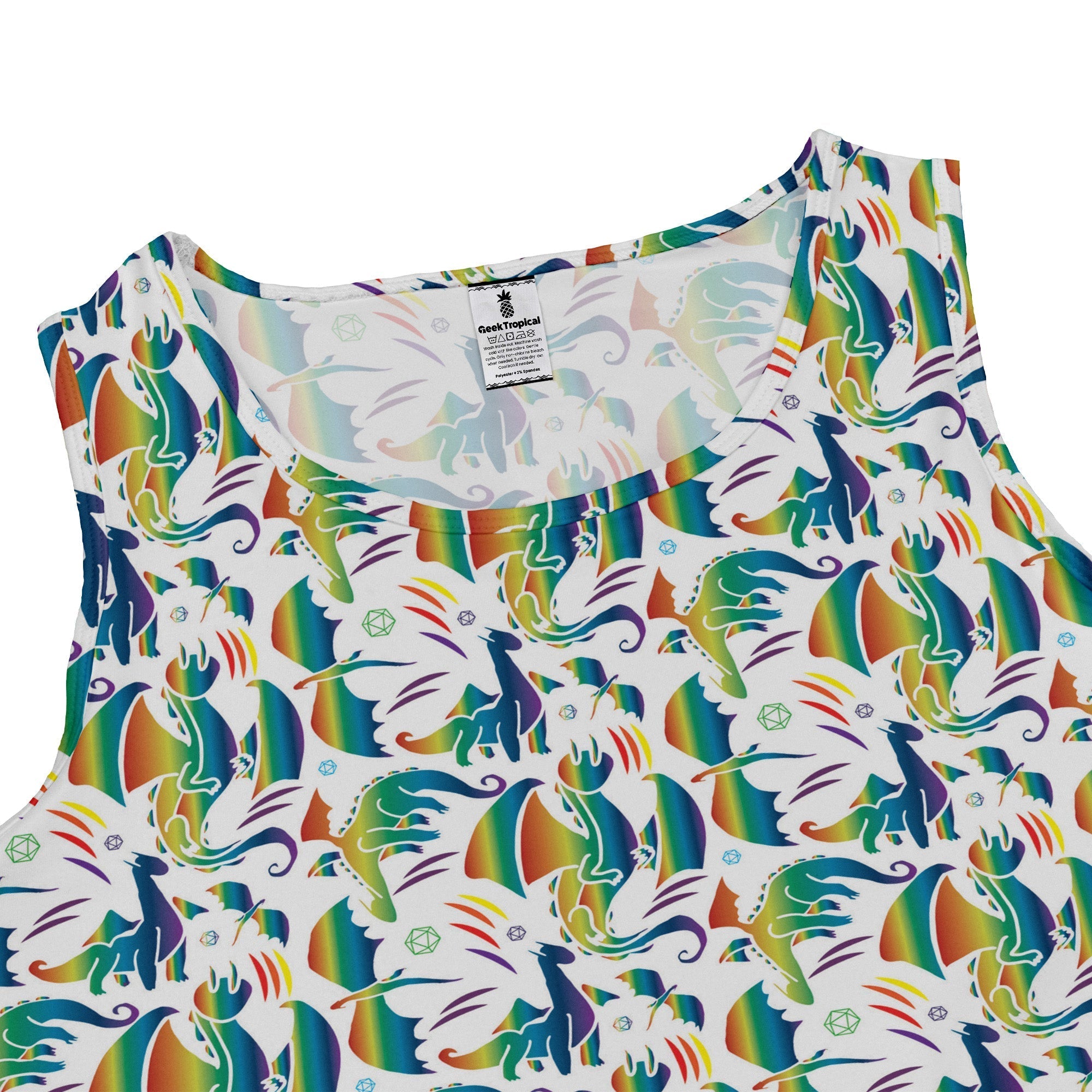 Rainbow Dragons Dnd Dice White Dress Geek Nerd Animal Patterns Design by Heather Davenport dnd & rpg print