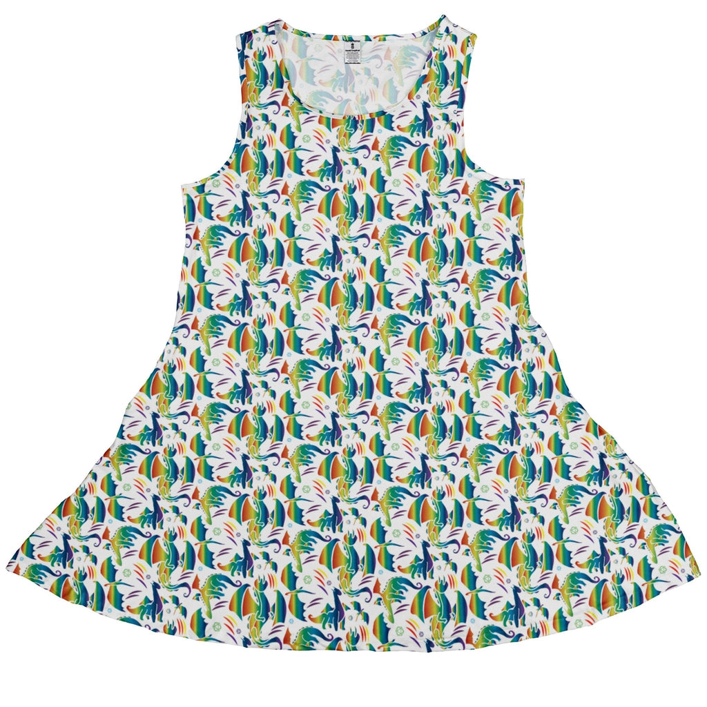 Rainbow Dragons Dnd Dice White Dress Geek Nerd Animal Patterns Design by Heather Davenport dnd & rpg print