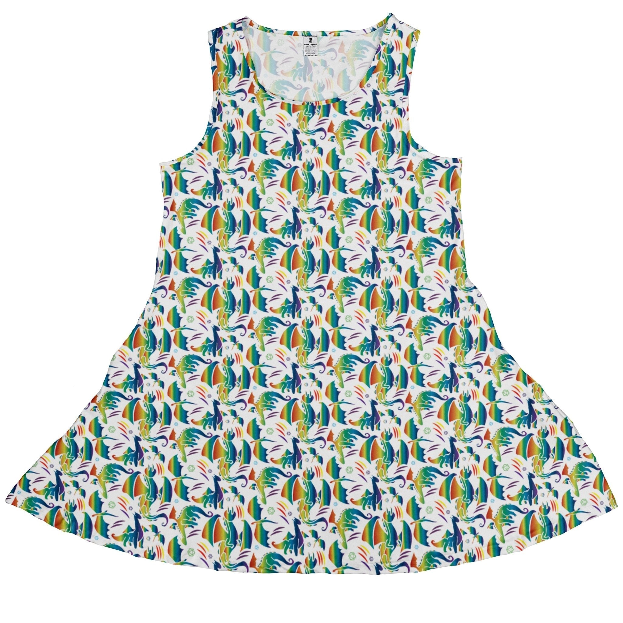 Rainbow Dragons Dnd Dice White Dress Geek Nerd Animal Patterns Design by Heather Davenport dnd & rpg print