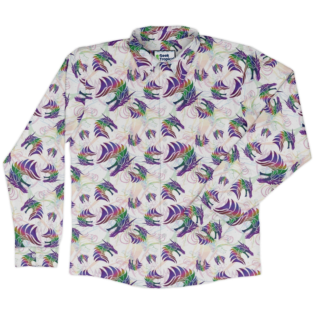 Rainbow Dragons and Unicorns Long Sleeve Button Up Shirt Geek Nerd adult sizing Animal Patterns Designed by Rose Khan
