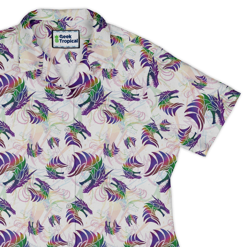 Rainbow Dragons and Unicorns Curvy Button Up Shirt Geek Nerd Animal Patterns Designed by Rose Khan Fantasy Prints