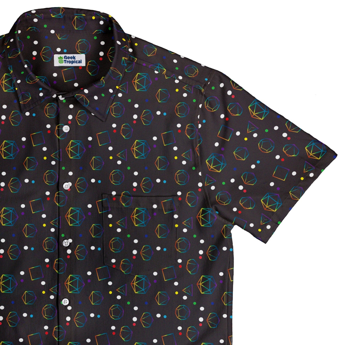 Rainbow LGBTQ+ Pride DND Dice Button Up Shirt - adult sizing - Design by Heather Davenport - dnd & rpg print