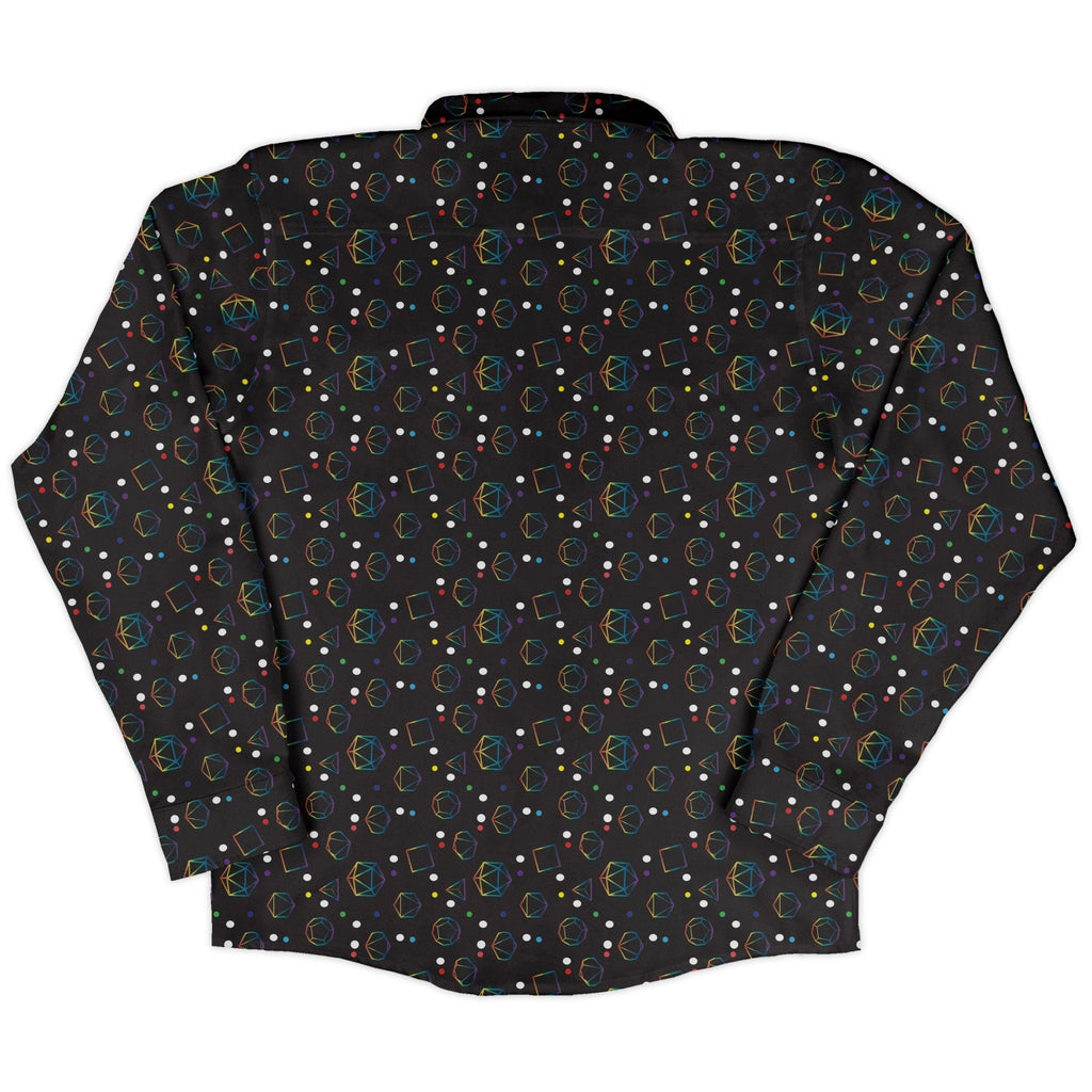 Rainbow LGBTQ+ Pride Dnd Dice Long Sleeve Button Up Shirt Geek Nerd adult sizing Design by Heather Davenport dnd & rpg print