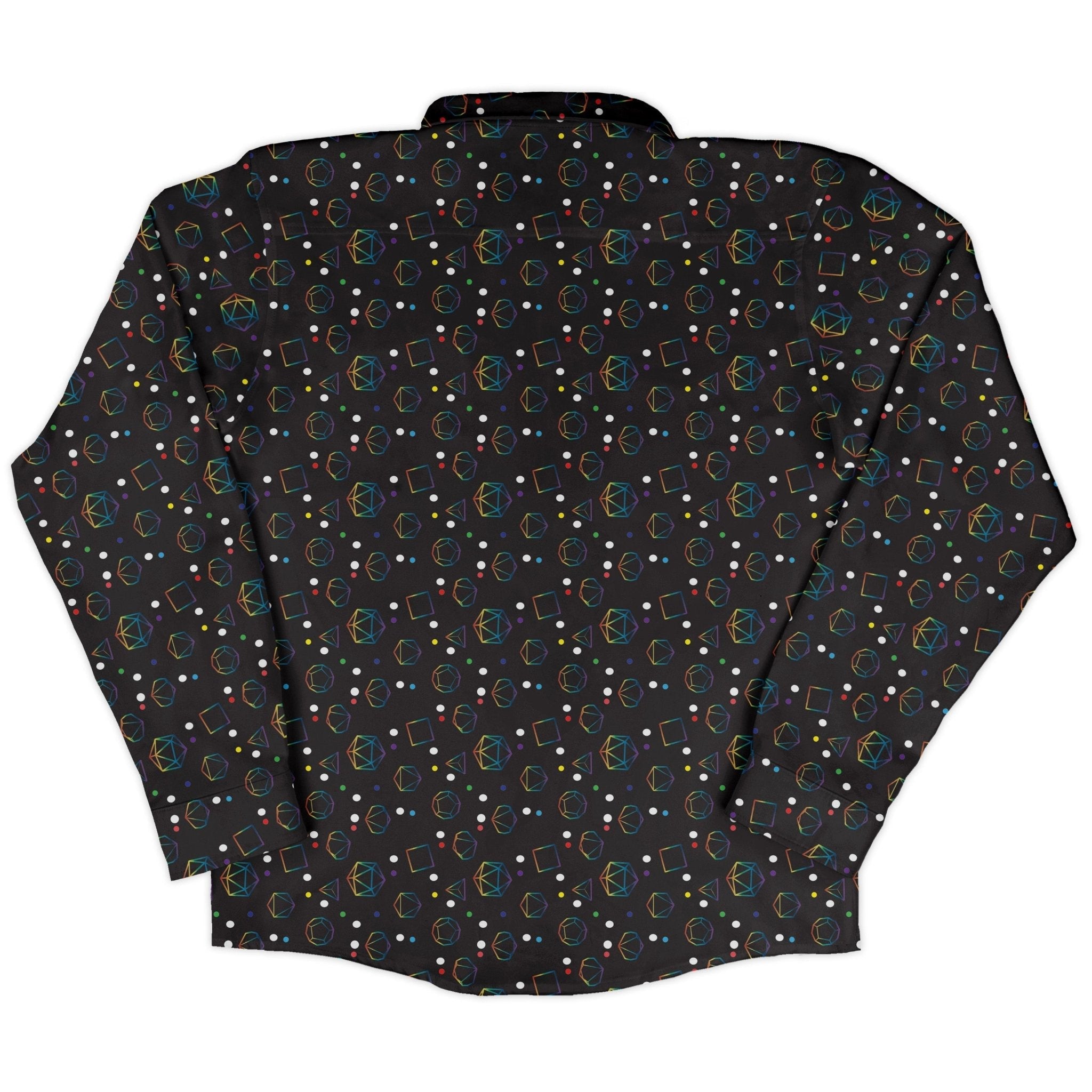 Rainbow LGBTQ+ Pride Dnd Dice Long Sleeve Button Up Shirt Geek Nerd adult sizing Design by Heather Davenport dnd & rpg print