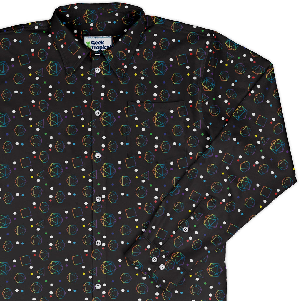 Rainbow LGBTQ+ Pride Dnd Dice Long Sleeve Button Up Shirt Geek Nerd adult sizing Design by Heather Davenport dnd & rpg print