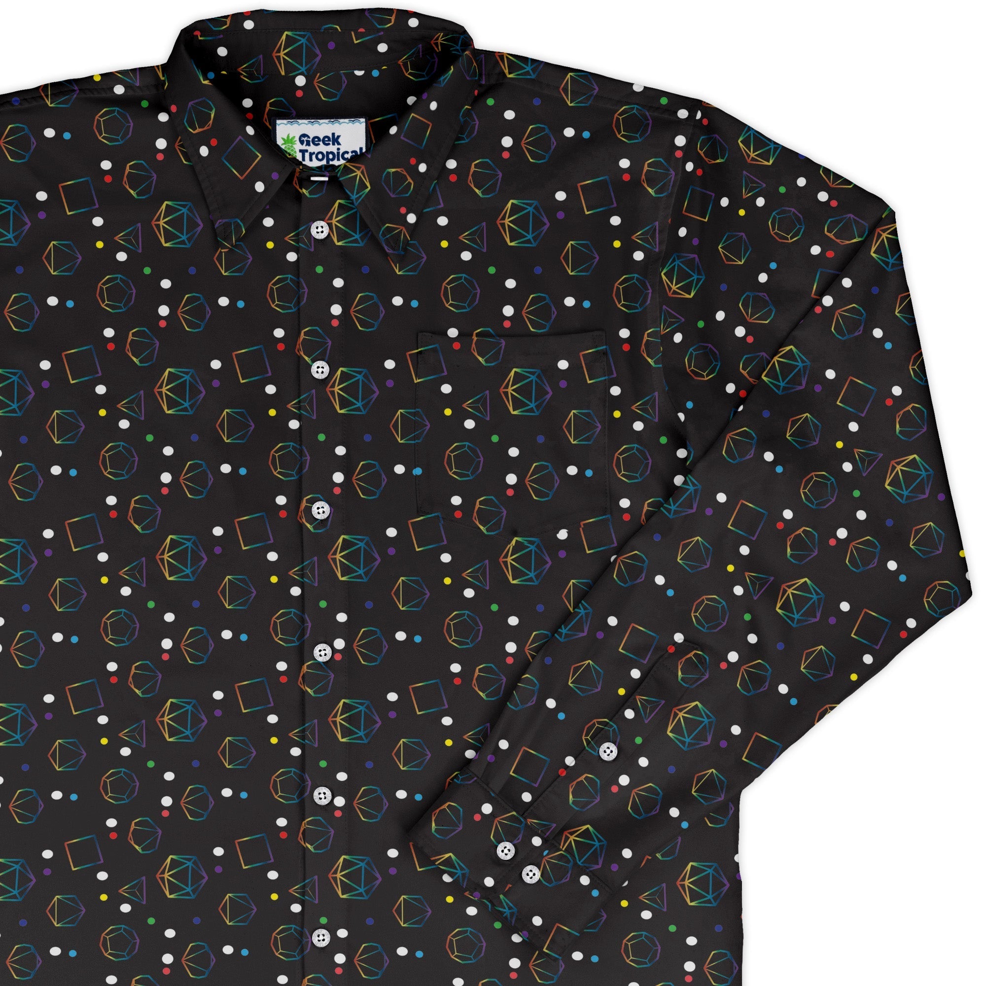 Rainbow LGBTQ+ Pride Dnd Dice Long Sleeve Button Up Shirt Geek Nerd adult sizing Design by Heather Davenport dnd & rpg print