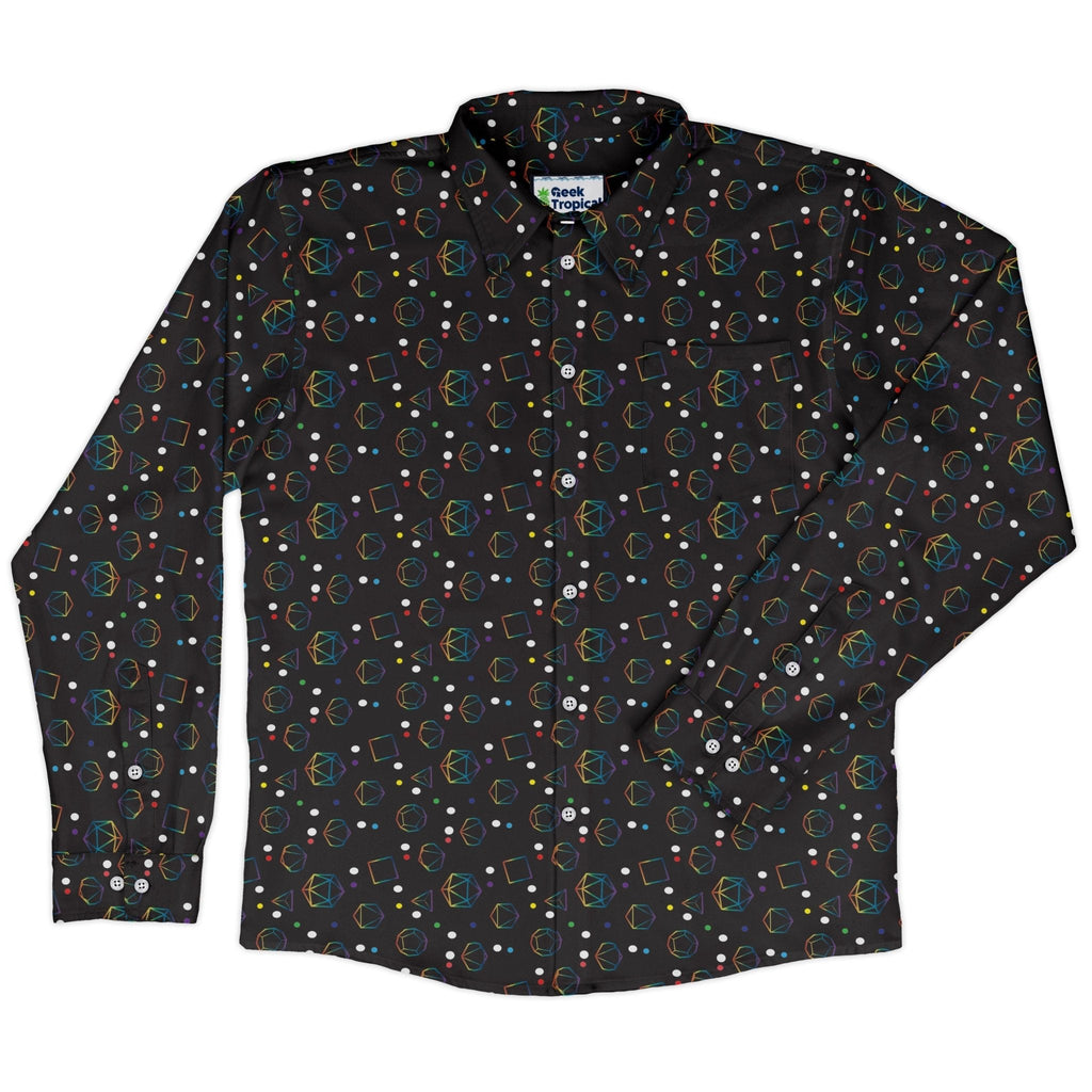 Rainbow LGBTQ+ Pride Dnd Dice Long Sleeve Button Up Shirt Geek Nerd adult sizing Design by Heather Davenport dnd & rpg print