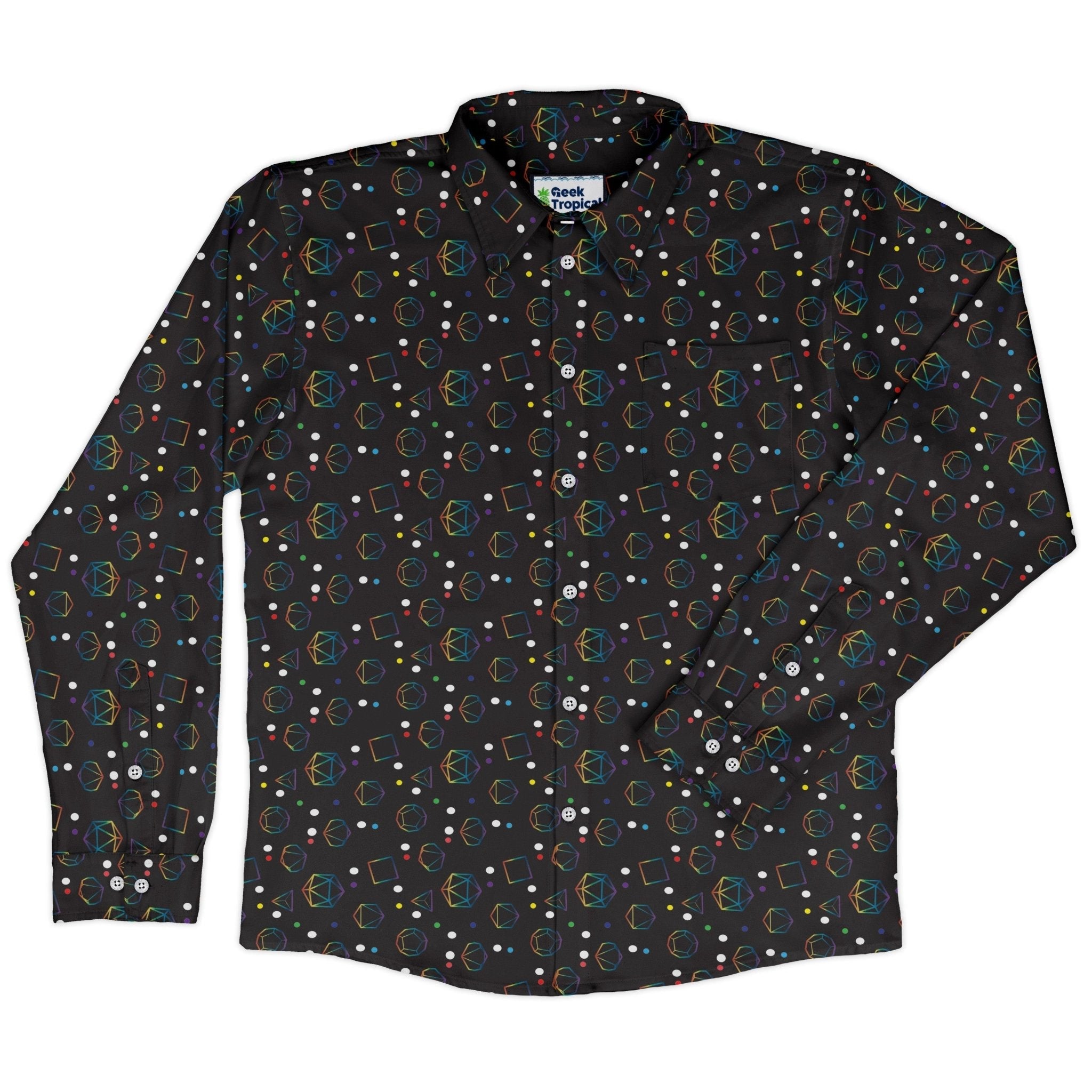 Rainbow LGBTQ+ Pride Dnd Dice Long Sleeve Button Up Shirt Geek Nerd adult sizing Design by Heather Davenport dnd & rpg print