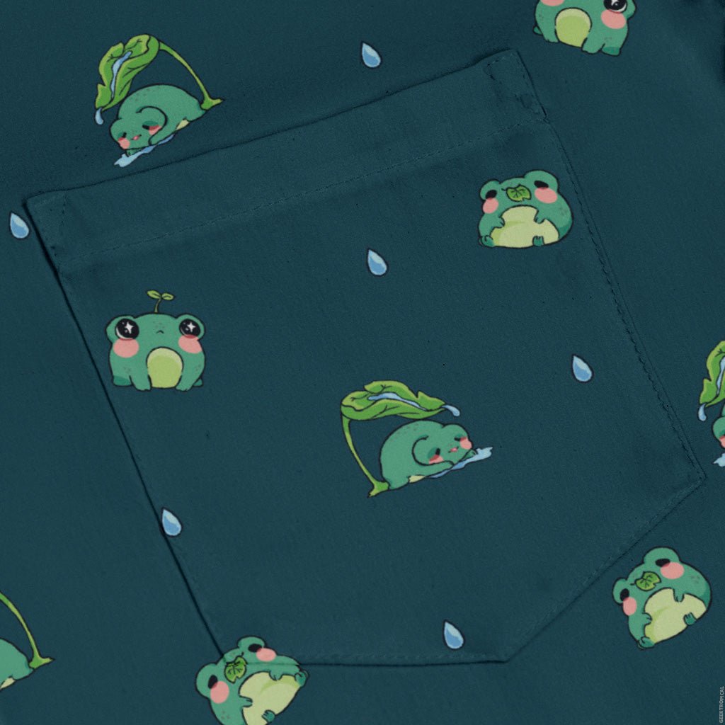 Raining Frogs Dark Teal Long Sleeve Button Up Shirt Geek Nerd adult sizing Animal Patterns Anime