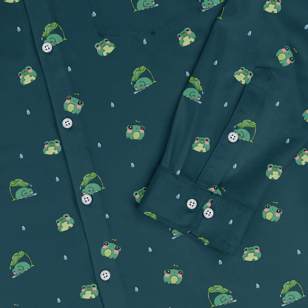 Raining Frogs Dark Teal Long Sleeve Button Up Shirt Geek Nerd adult sizing Animal Patterns Anime