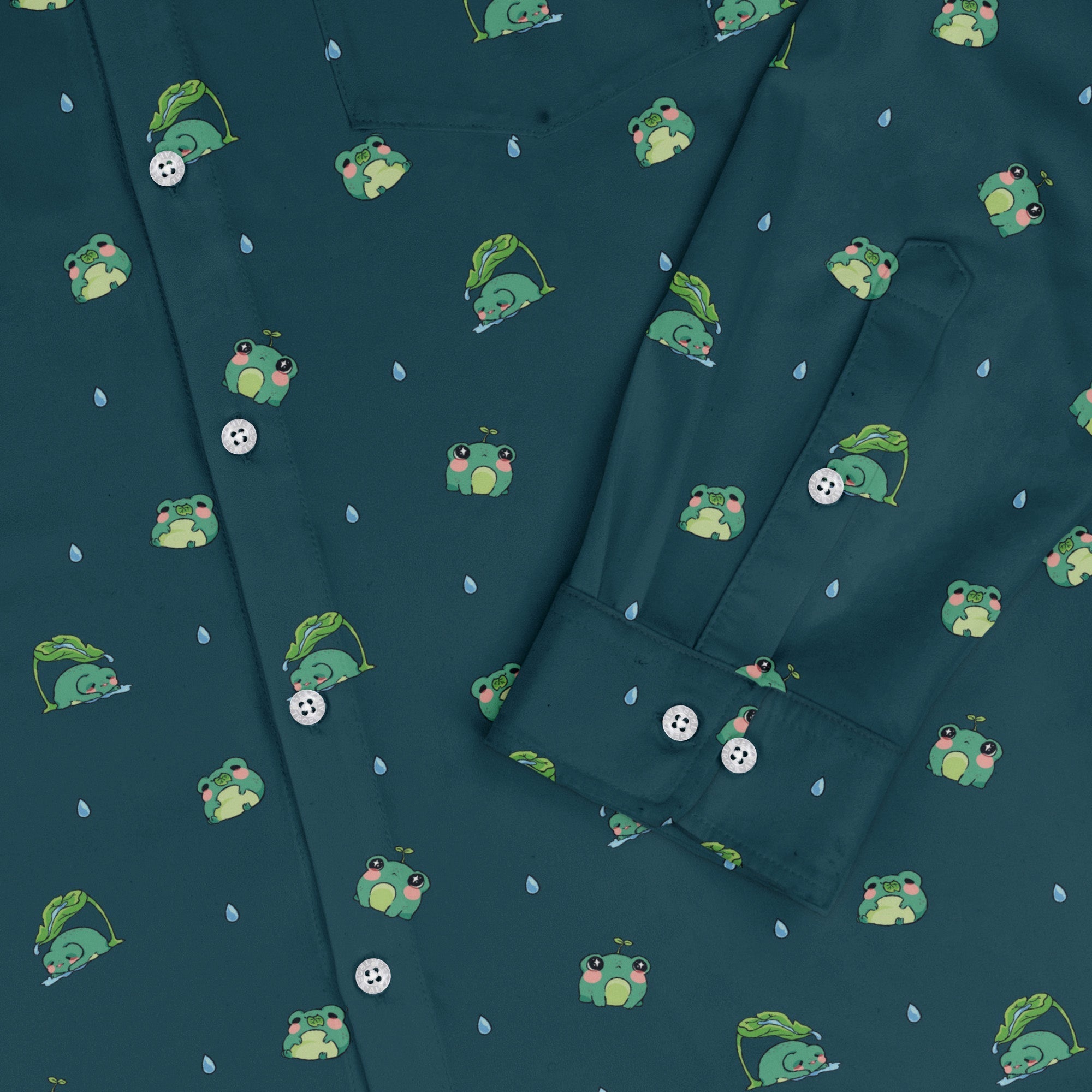 Raining Frogs Dark Teal Long Sleeve Button Up Shirt Geek Nerd adult sizing Animal Patterns Anime