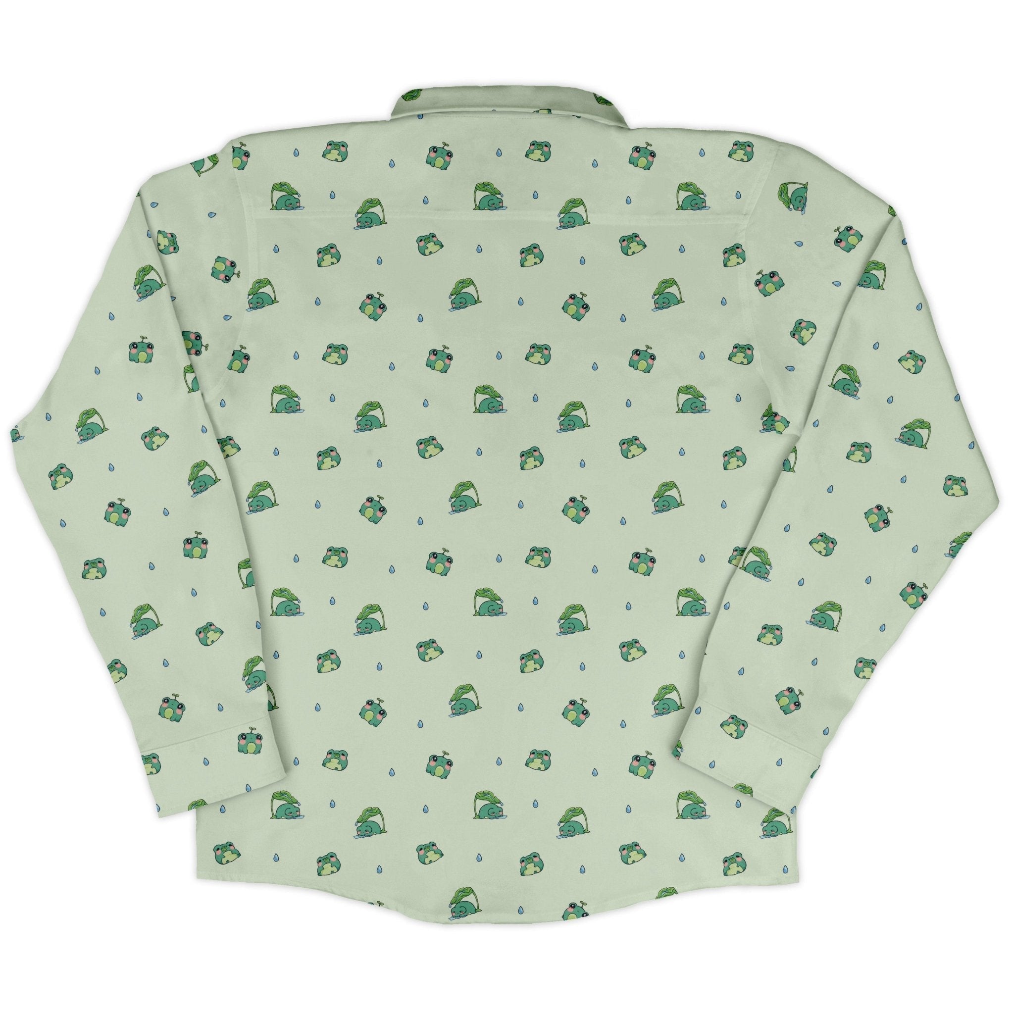 Raining Frogs Pastel Green Long Sleeve Button Up Shirt Geek Nerd adult sizing Animal Patterns Anime