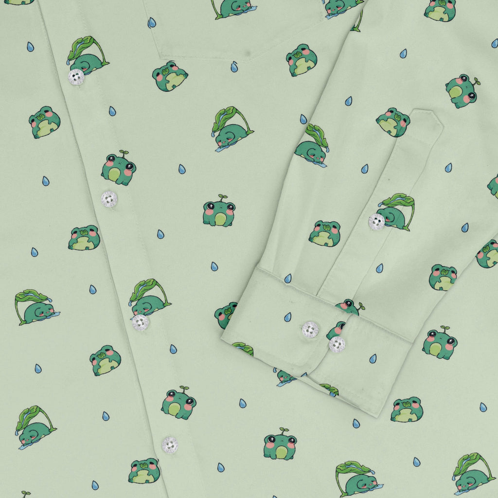 Raining Frogs Pastel Green Long Sleeve Button Up Shirt Geek Nerd adult sizing Animal Patterns Anime