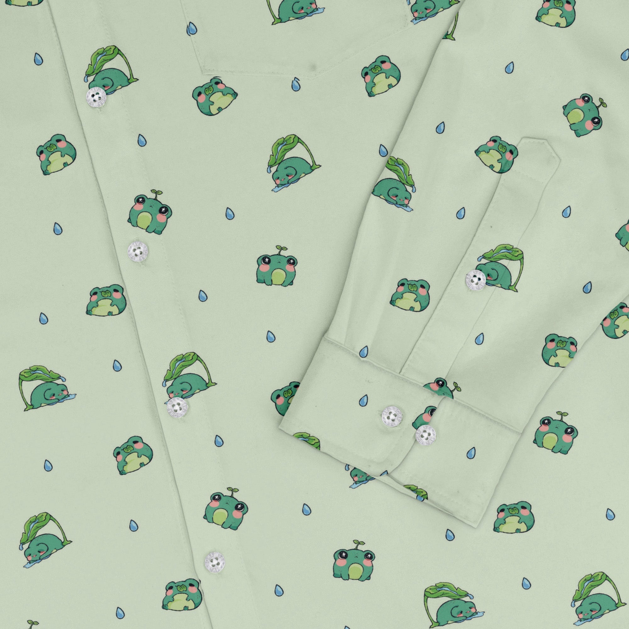 Raining Frogs Pastel Green Long Sleeve Button Up Shirt Geek Nerd adult sizing Animal Patterns Anime