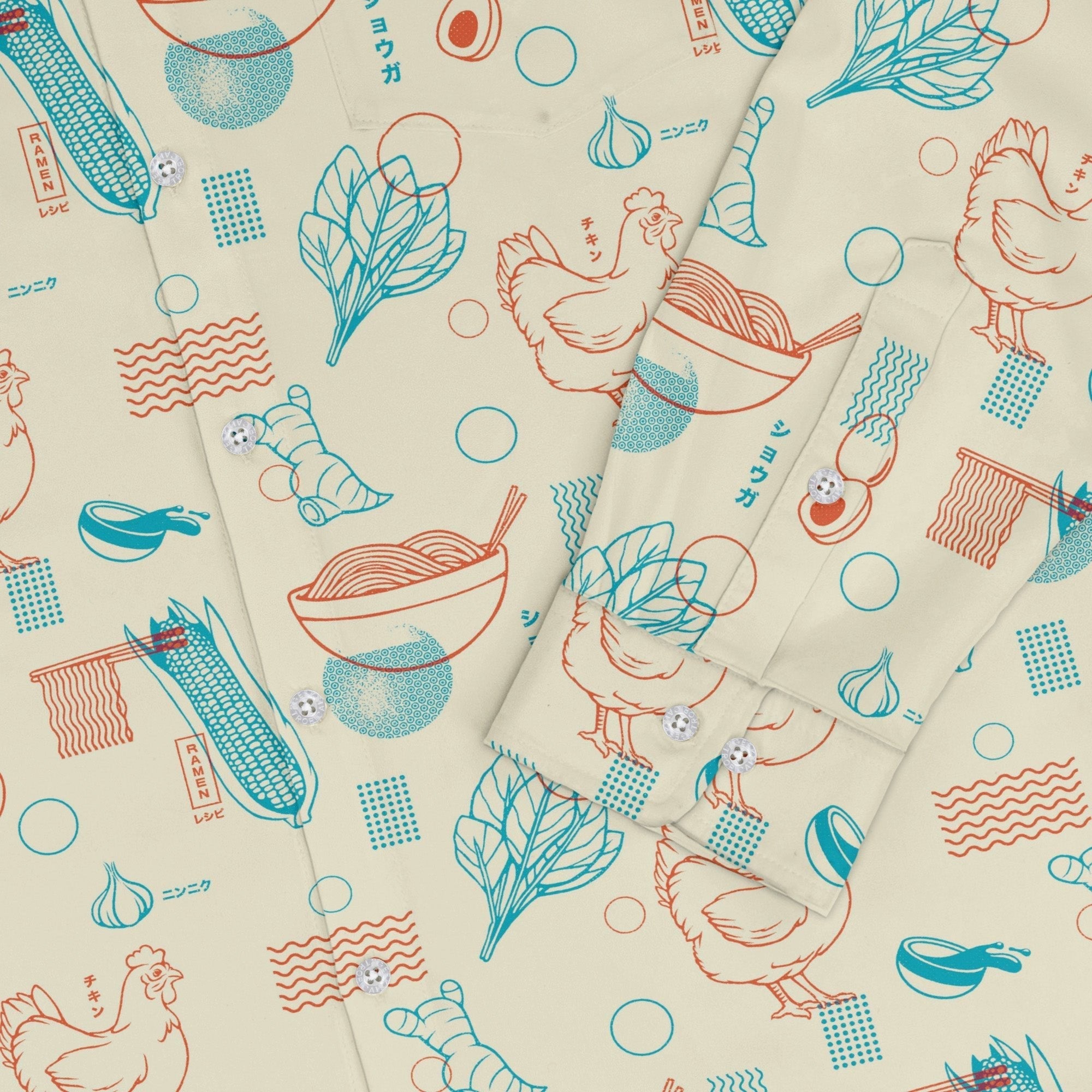 Ramen Recipe Japanese Long Sleeve Button Up Shirt Geek Nerd adult sizing Anime Design by Tobe Fonseca