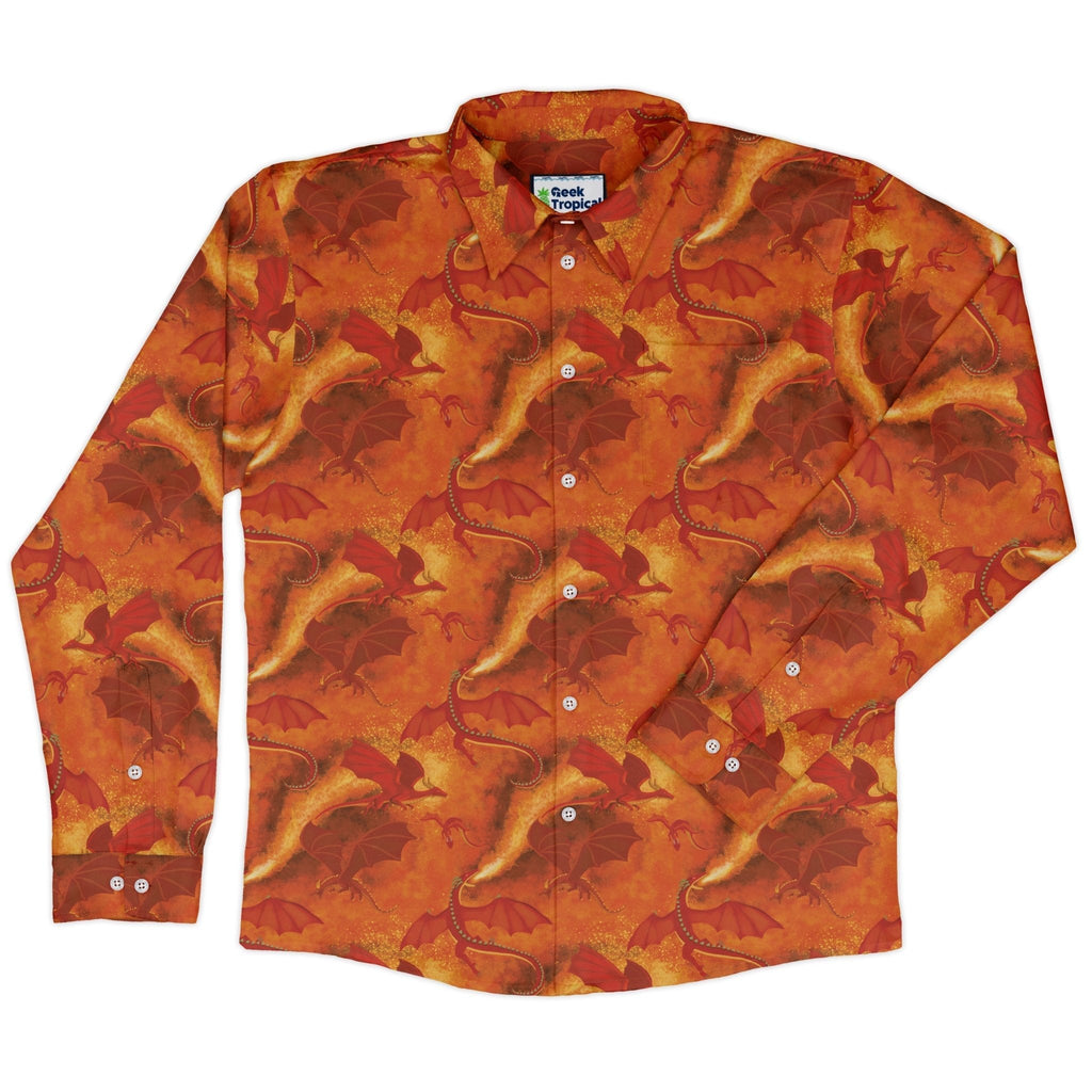 Red Dragon Fire Dnd Long Sleeve Button Up Shirt Geek Nerd adult sizing Animal Patterns Designs by Nathan