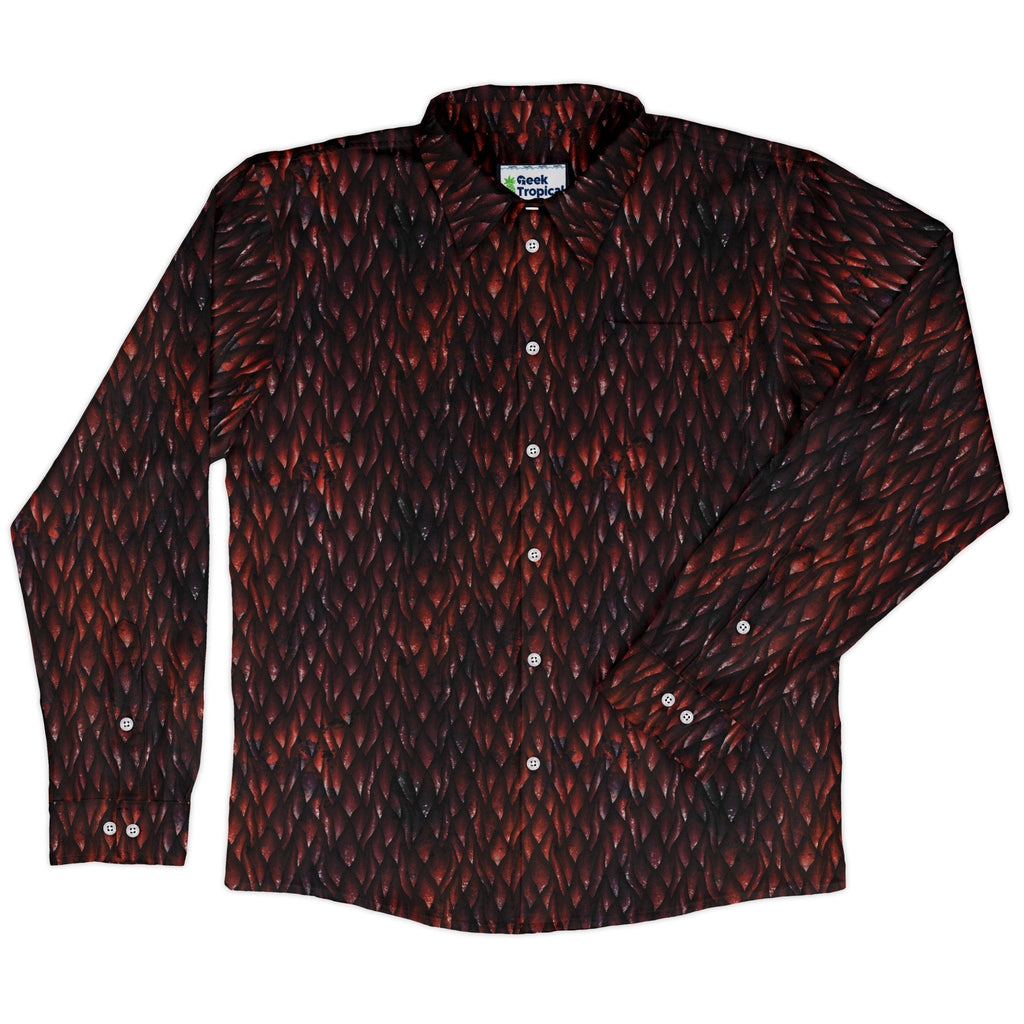Red Dragon Scales Dnd Long Sleeve Button Up Shirt Geek Nerd adult sizing dnd & rpg print Fantasy Prints