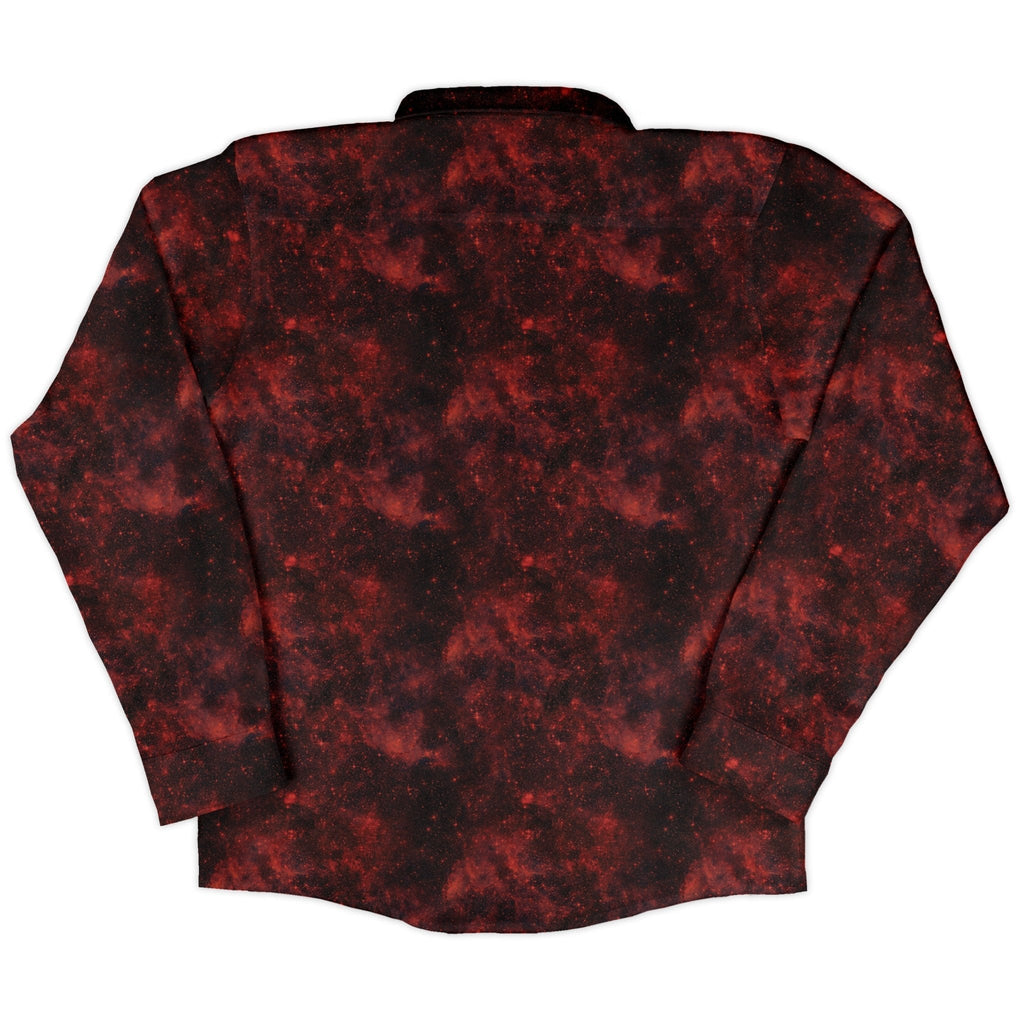 Red Nebula Space Long Sleeve Button Up Shirt Geek Nerd adult sizing FLOW DESC WRITING outer space & astronaut print