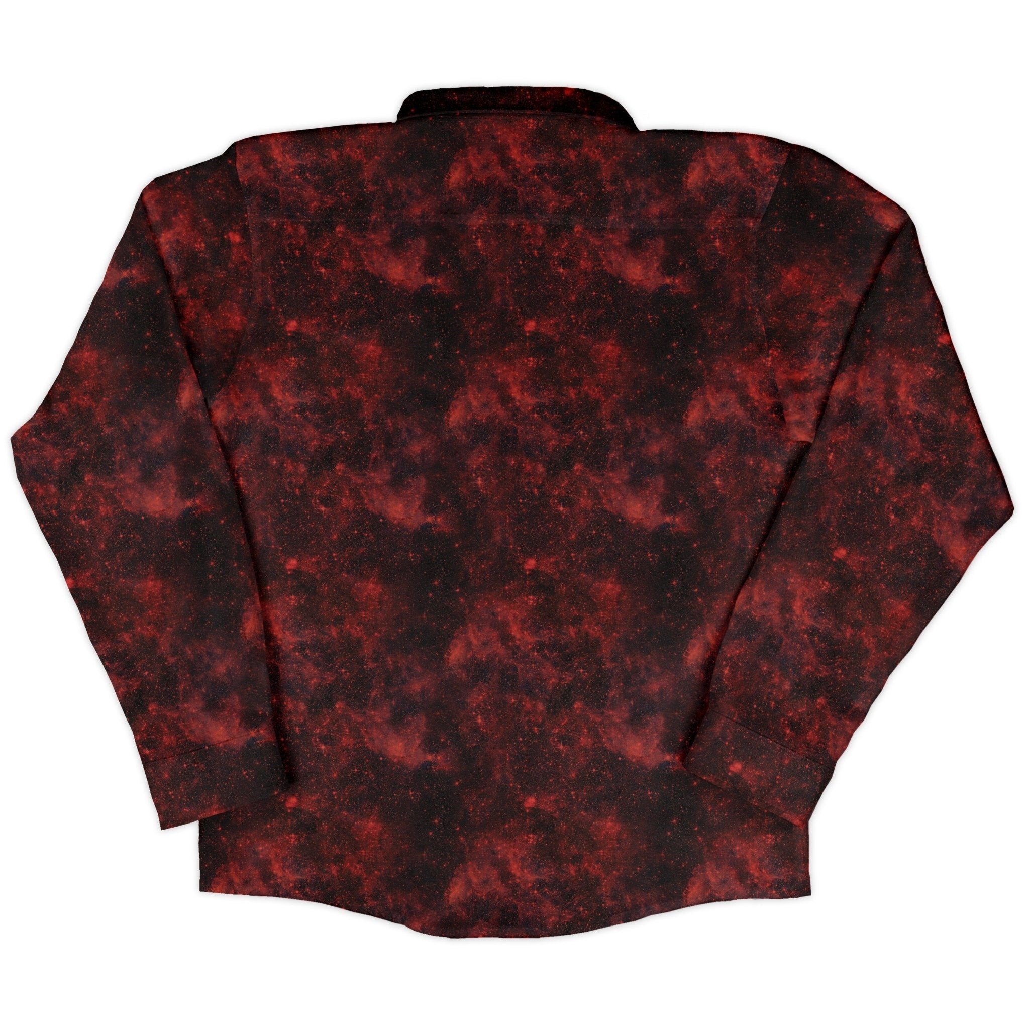 Red Nebula Space Long Sleeve Button Up Shirt Geek Nerd adult sizing FLOW DESC WRITING outer space & astronaut print