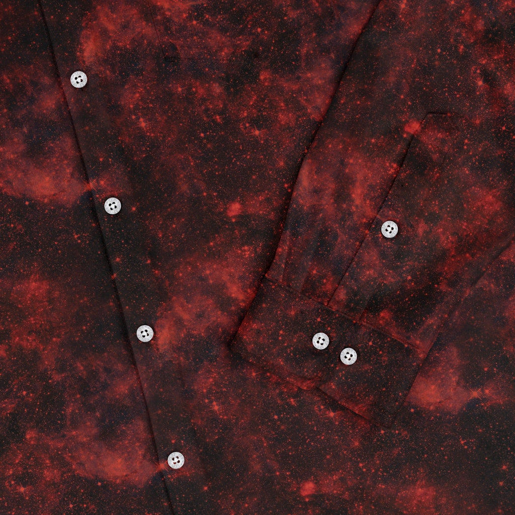 Red Nebula Space Long Sleeve Button Up Shirt Geek Nerd adult sizing FLOW DESC WRITING outer space & astronaut print