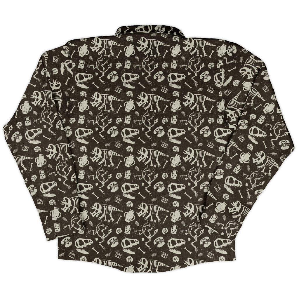 Retro Fossils and Dinosaurs Long Sleeve Button Up Shirt Geek Nerd adult sizing Design by Tobe Fonseca dinosaur print