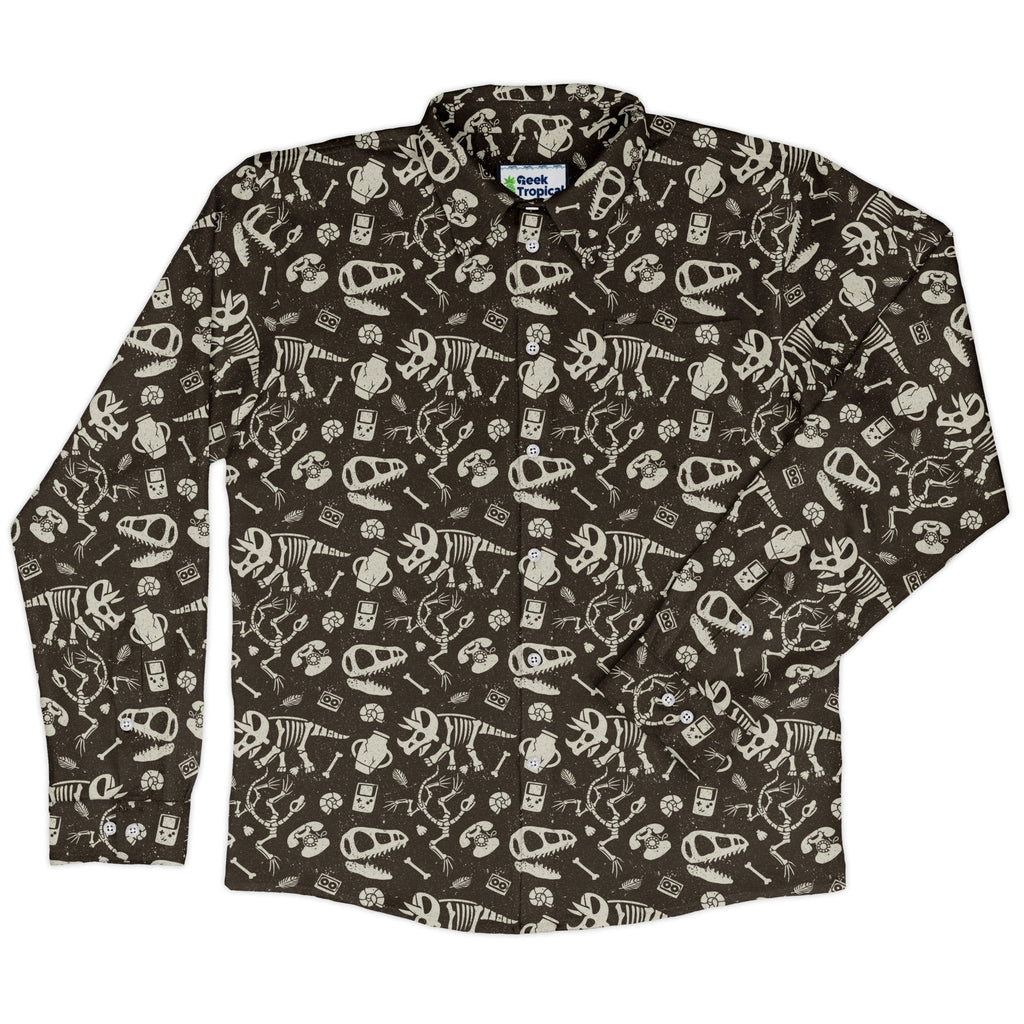 Retro Fossils and Dinosaurs Long Sleeve Button Up Shirt Geek Nerd adult sizing Design by Tobe Fonseca dinosaur print