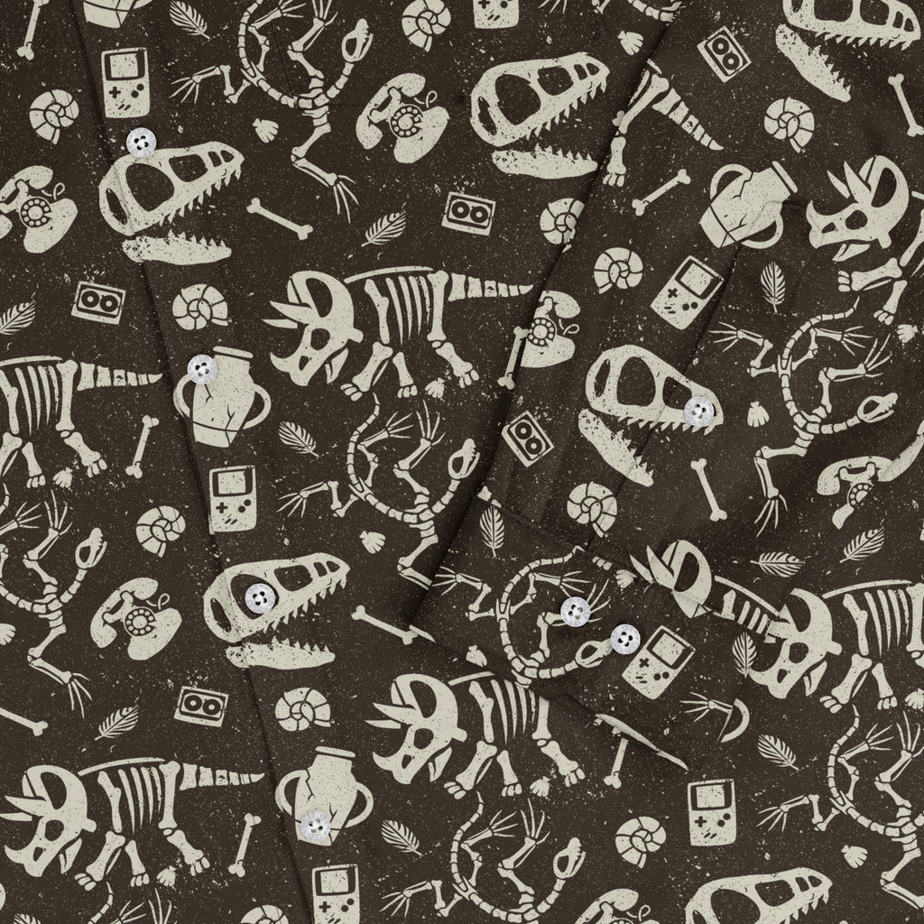 Retro Fossils and Dinosaurs Long Sleeve Button Up Shirt Geek Nerd adult sizing Design by Tobe Fonseca dinosaur print
