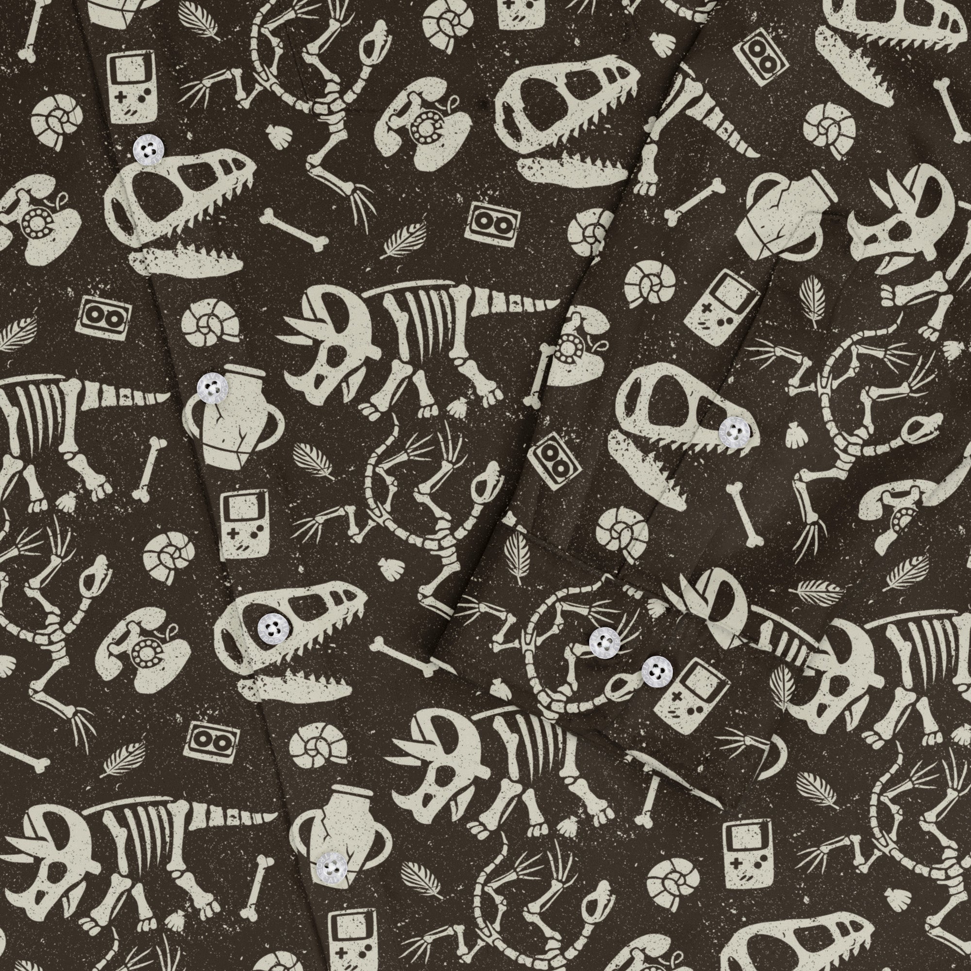Retro Fossils and Dinosaurs Long Sleeve Button Up Shirt Geek Nerd adult sizing Design by Tobe Fonseca dinosaur print