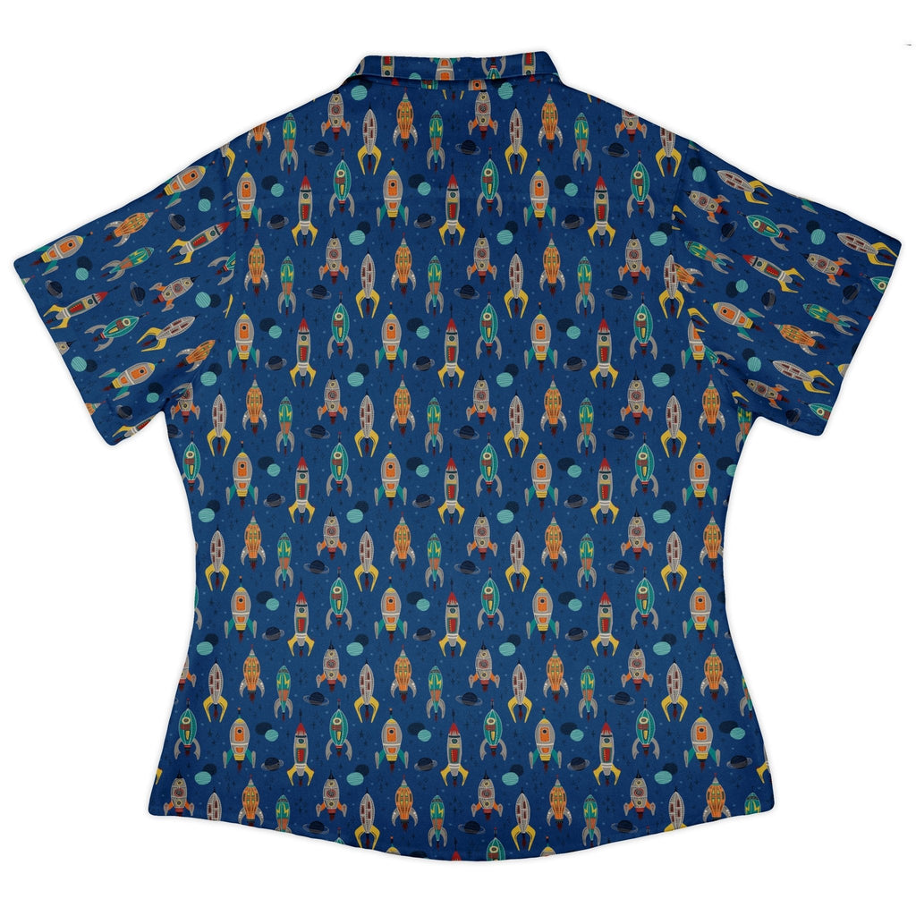 Retro Kitsch Rocker Curvy Button Up Shirt Geek Nerd Design by Zirkus Design outer space & astronaut print q225