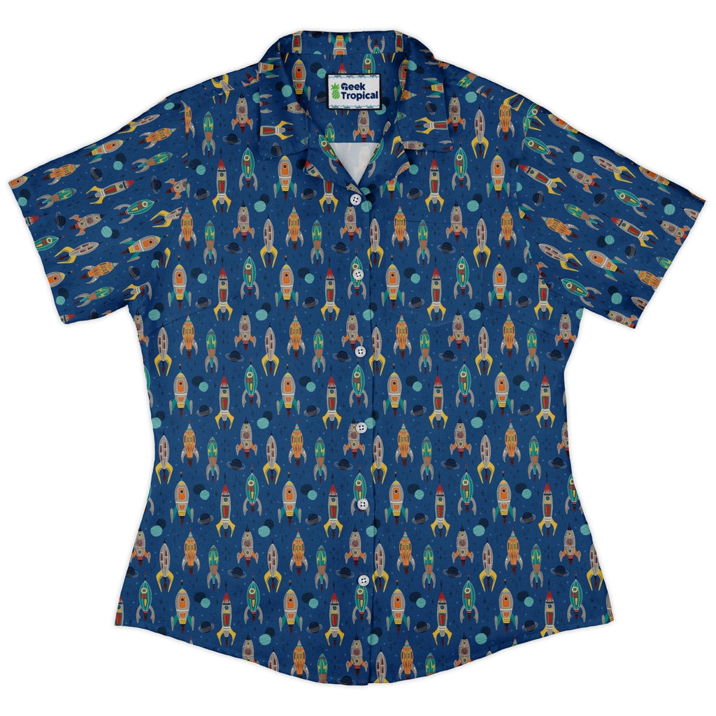 Retro Kitsch Rocker Curvy Button Up Shirt Geek Nerd Design by Zirkus Design outer space & astronaut print q225