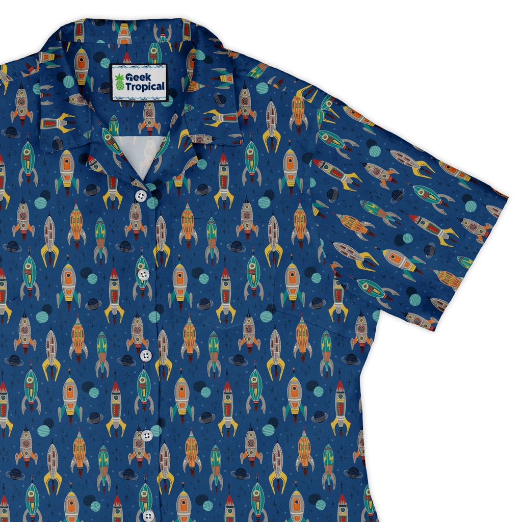 Retro Kitsch Rocker Curvy Button Up Shirt Geek Nerd Design by Zirkus Design outer space & astronaut print q225