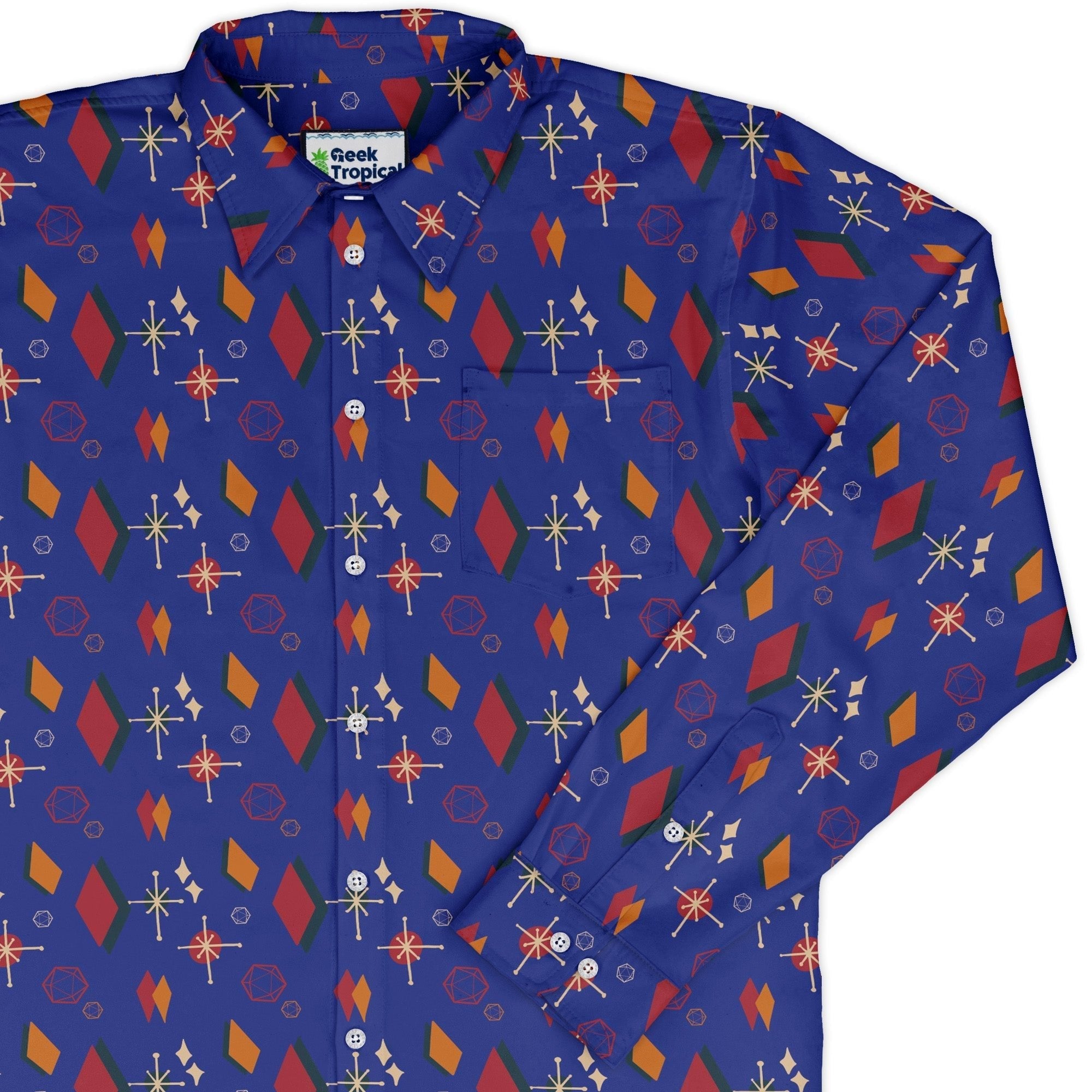Retro Star Dice Long Sleeve Button Up Shirt Geek Nerd adult sizing Design by Heather Davenport dnd & rpg print