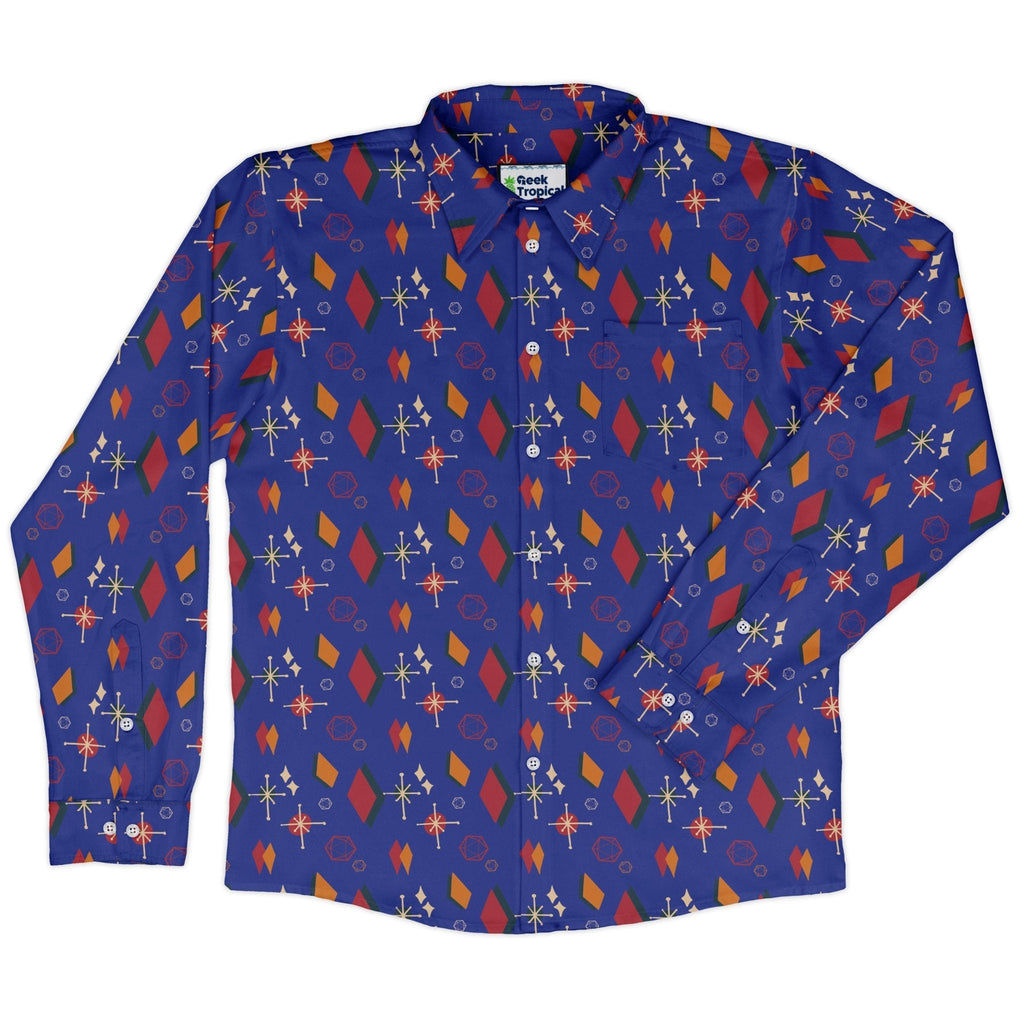 Retro Star Dice Long Sleeve Button Up Shirt Geek Nerd adult sizing Design by Heather Davenport dnd & rpg print