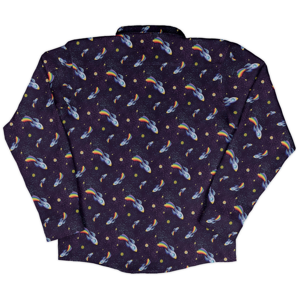 Rocket ships starry night Long Sleeve Button Up Shirt Geek Nerd adult sizing Design by Carla Morrow FLOW DESC WRITING