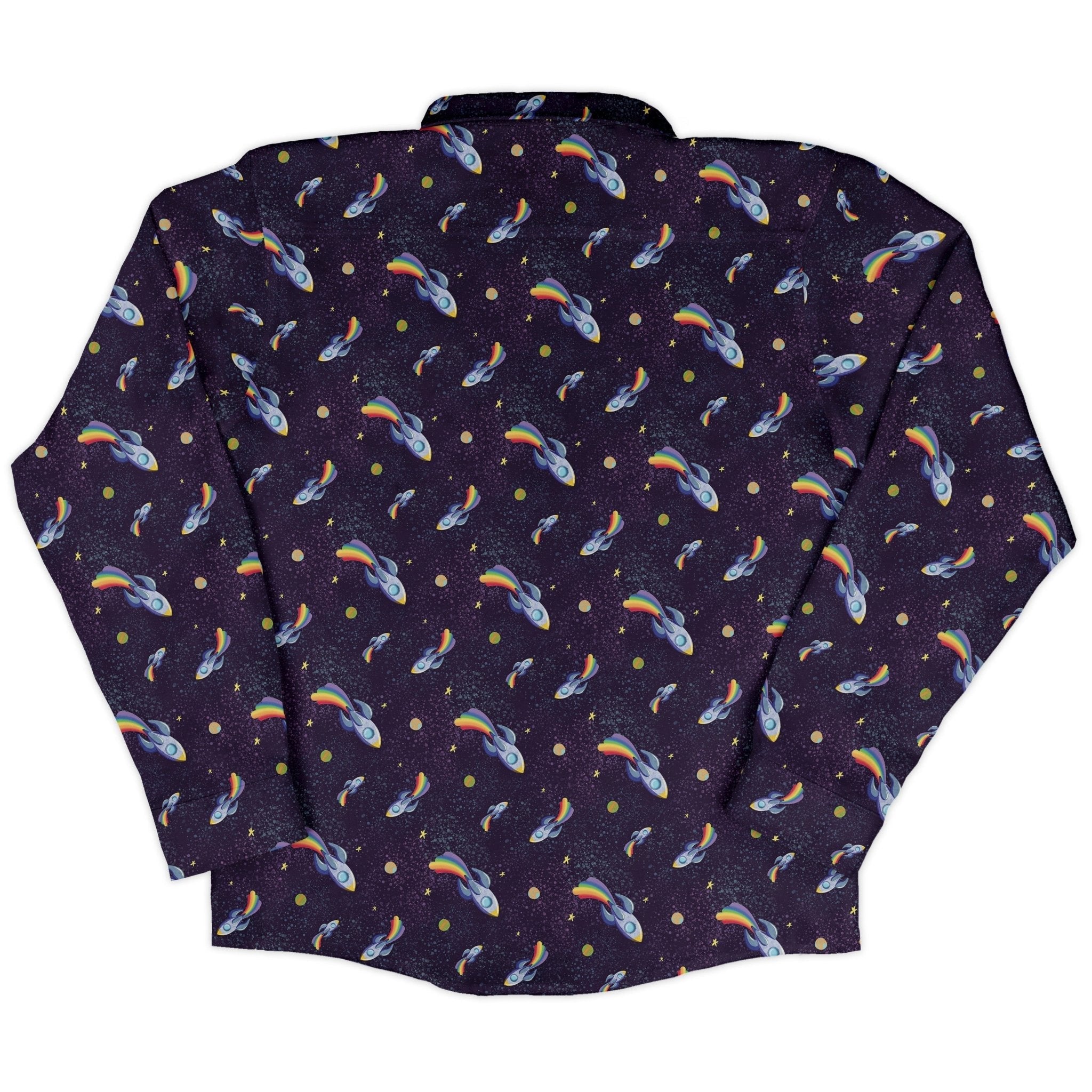 Rocket ships starry night Long Sleeve Button Up Shirt Geek Nerd adult sizing Design by Carla Morrow FLOW DESC WRITING