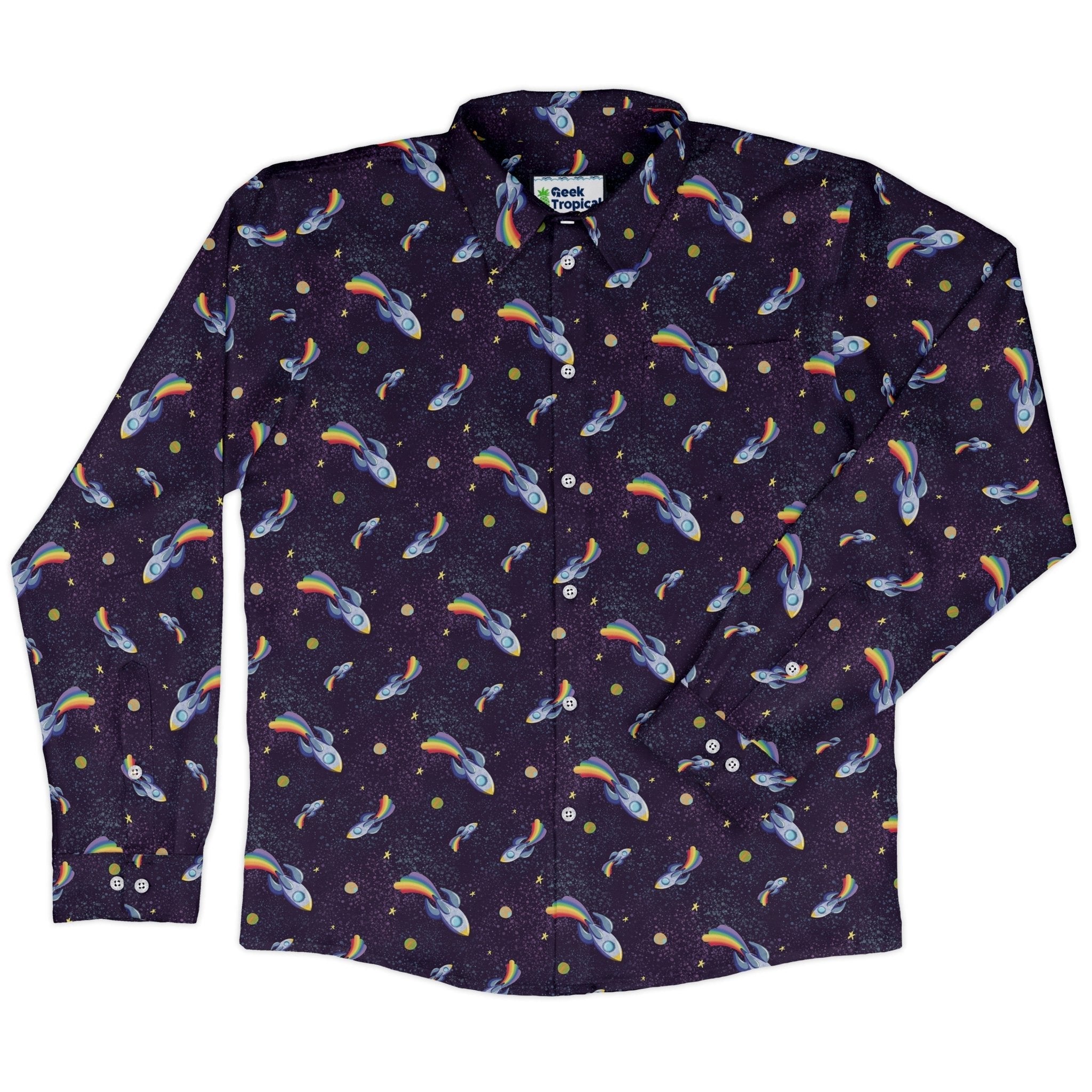 Rocket ships starry night Long Sleeve Button Up Shirt Geek Nerd adult sizing Design by Carla Morrow FLOW DESC WRITING