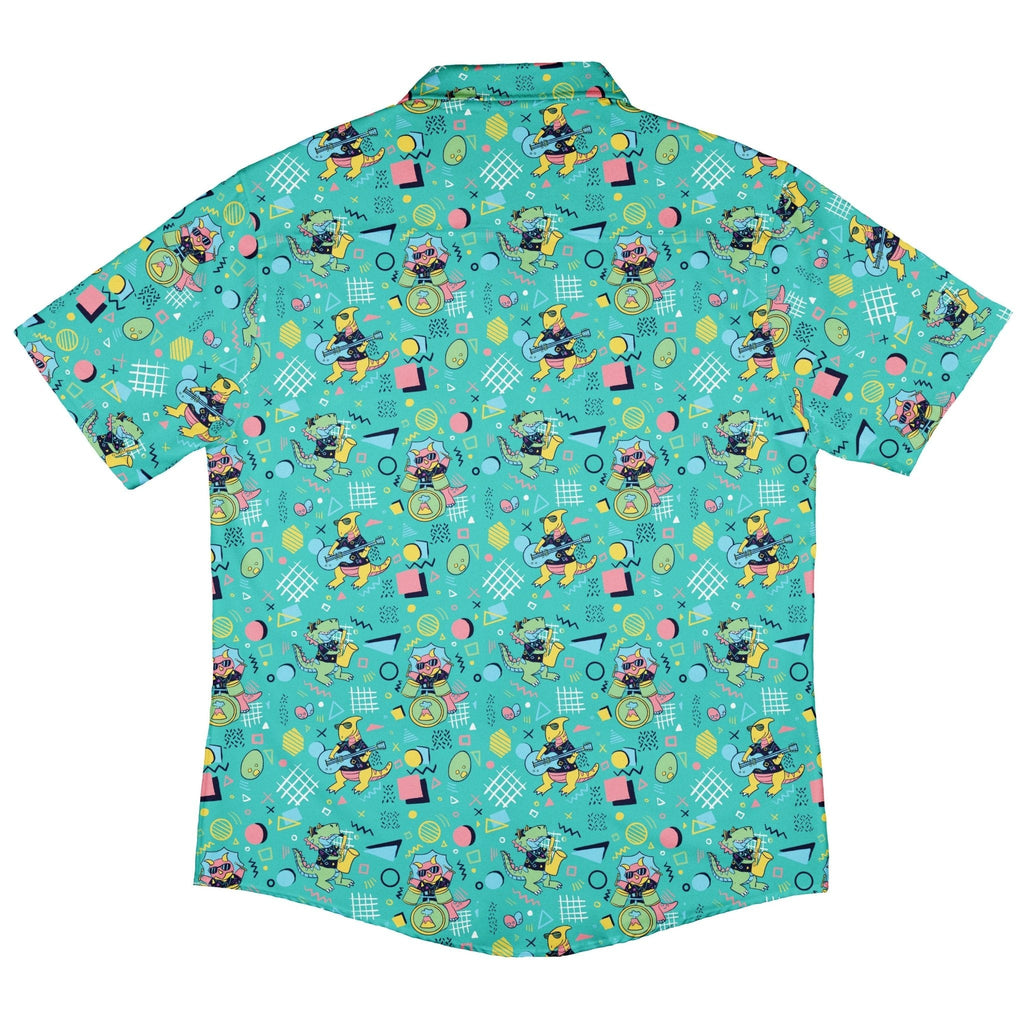 Rocking Dinosaurs Day Button Up Shirt Geek Nerd adult sizing Design by Claire Murphy dinosaur print