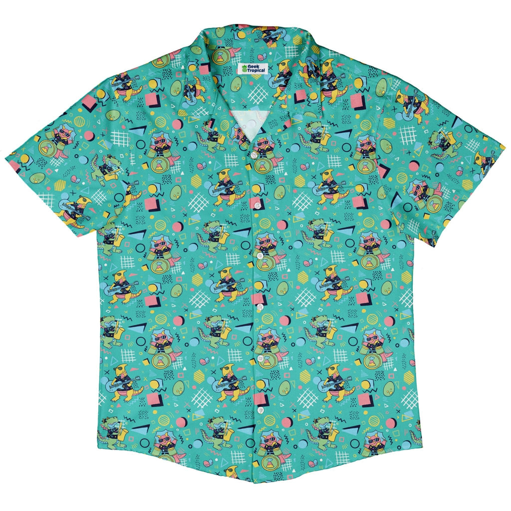 Rocking Dinosaurs Day Button Up Shirt Geek Nerd adult sizing Design by Claire Murphy dinosaur print