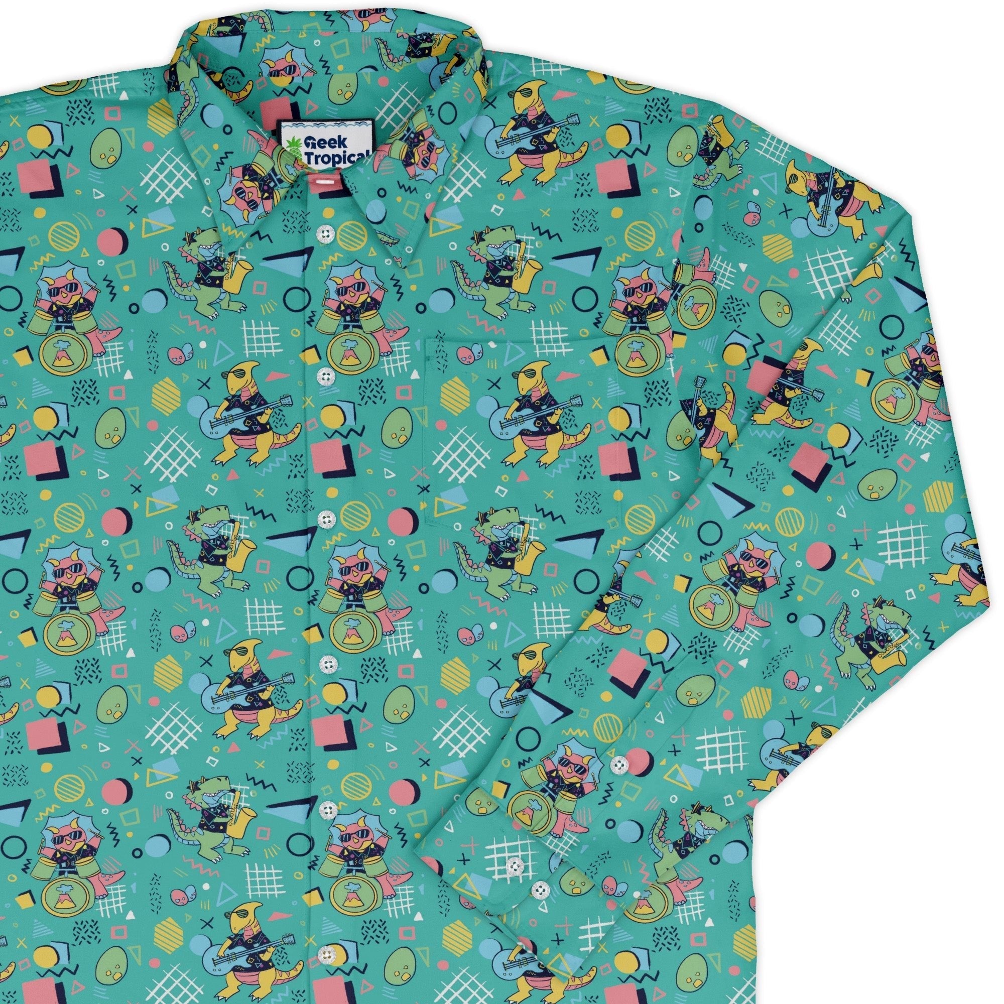 Rocking Dinosaurs Day Long Sleeve Button Up Shirt Geek Nerd adult sizing Design by Claire Murphy dinosaur print