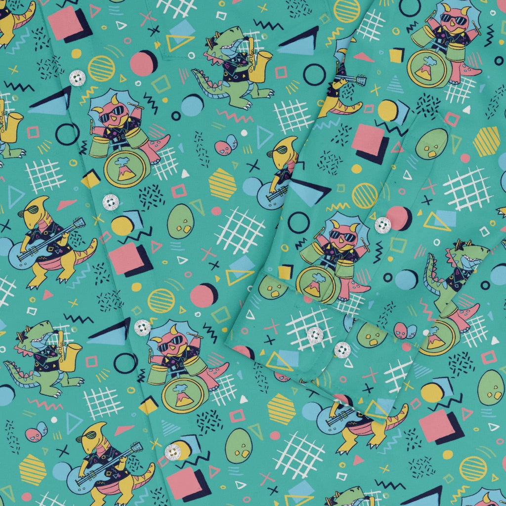 Rocking Dinosaurs Day Long Sleeve Button Up Shirt Geek Nerd adult sizing Design by Claire Murphy dinosaur print