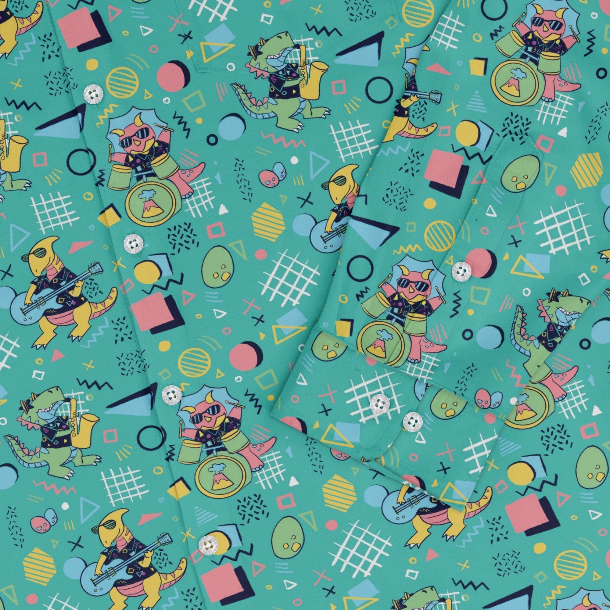 Rocking Dinosaurs Day Long Sleeve Button Up Shirt Geek Nerd adult sizing Design by Claire Murphy dinosaur print