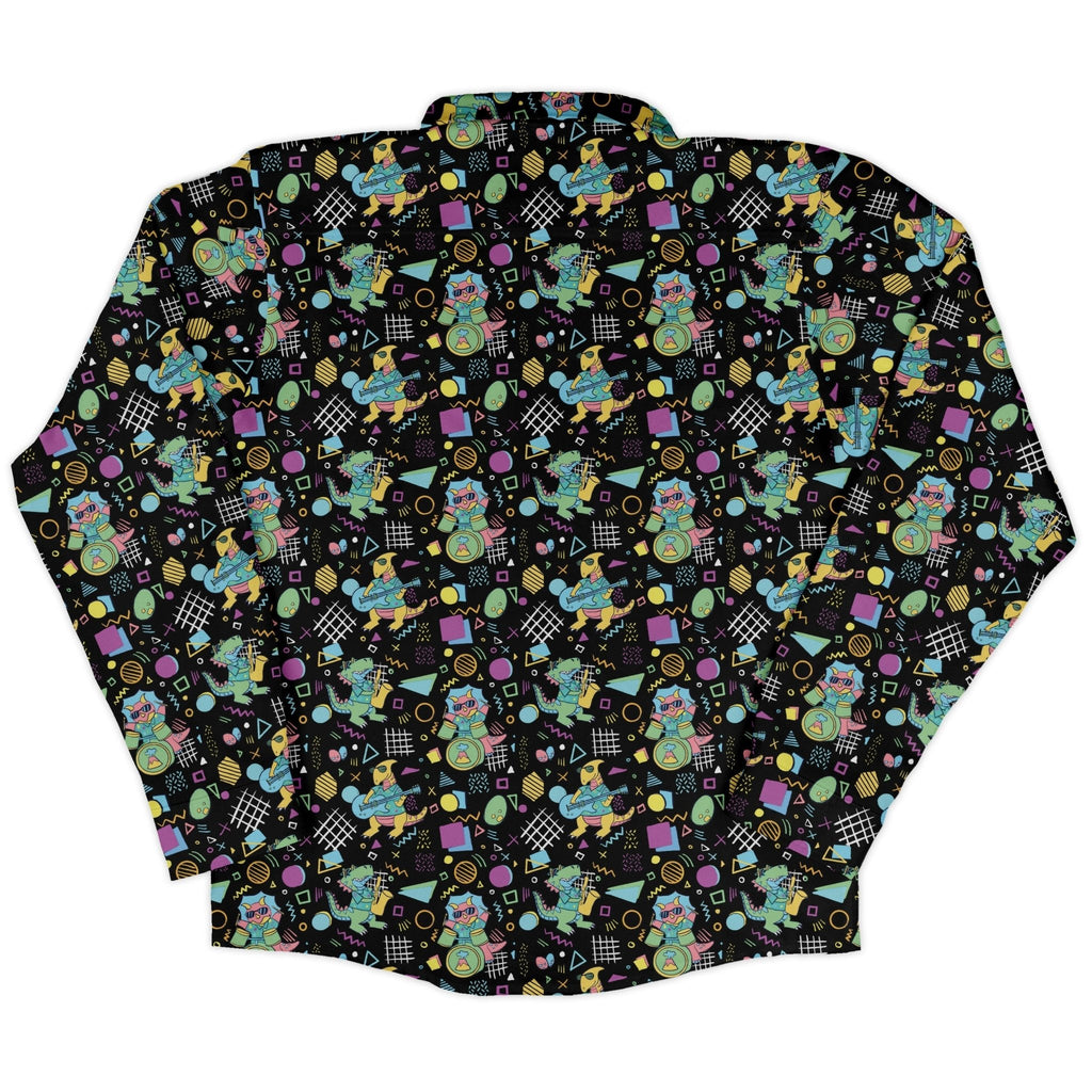Rocking Dinosaurs Night Long Sleeve Button Up Shirt Geek Nerd adult sizing Design by Claire Murphy dinosaur print