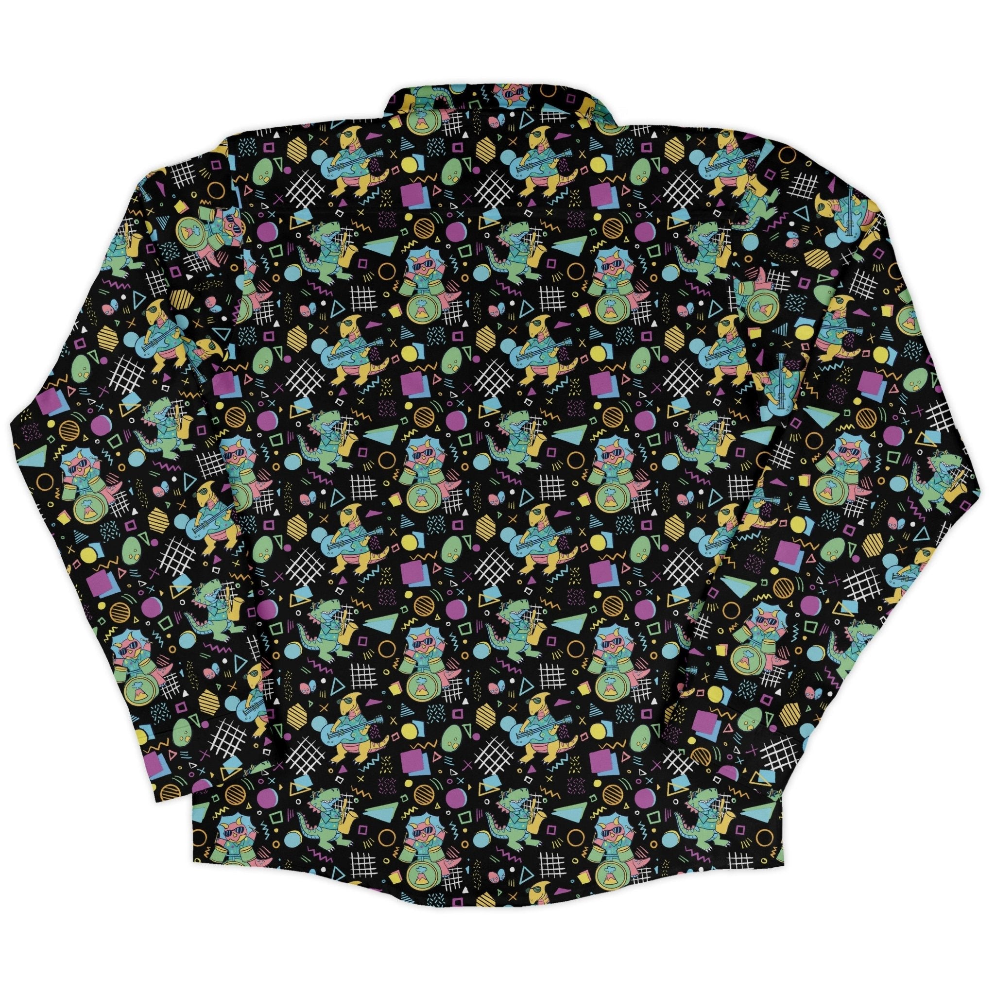 Rocking Dinosaurs Night Long Sleeve Button Up Shirt Geek Nerd adult sizing Design by Claire Murphy dinosaur print
